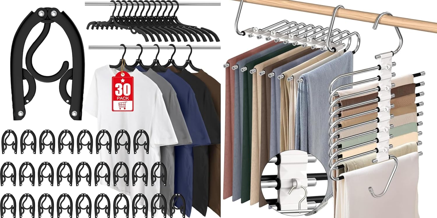 30 Pcs Travel Hangers Portable Foldable Travel Hanger Organizer and 2 Pack 9 Layers Pants Hangers Space Saving Cruise Essentials