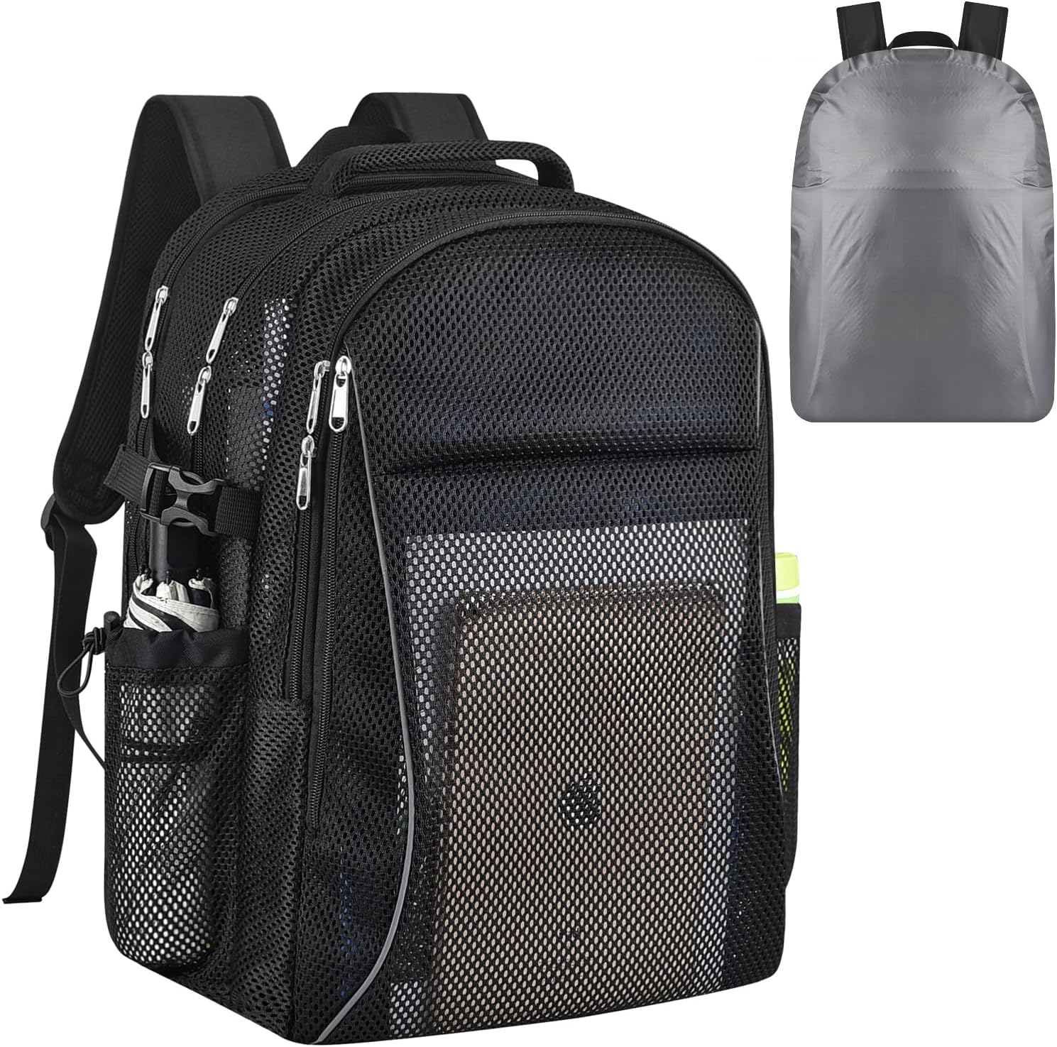 Heavy Duty X-Large Mesh Backpacks for Adults,Semi-Transparent college Backpacks with Rain cover for School, Beach, and Travel X-Large