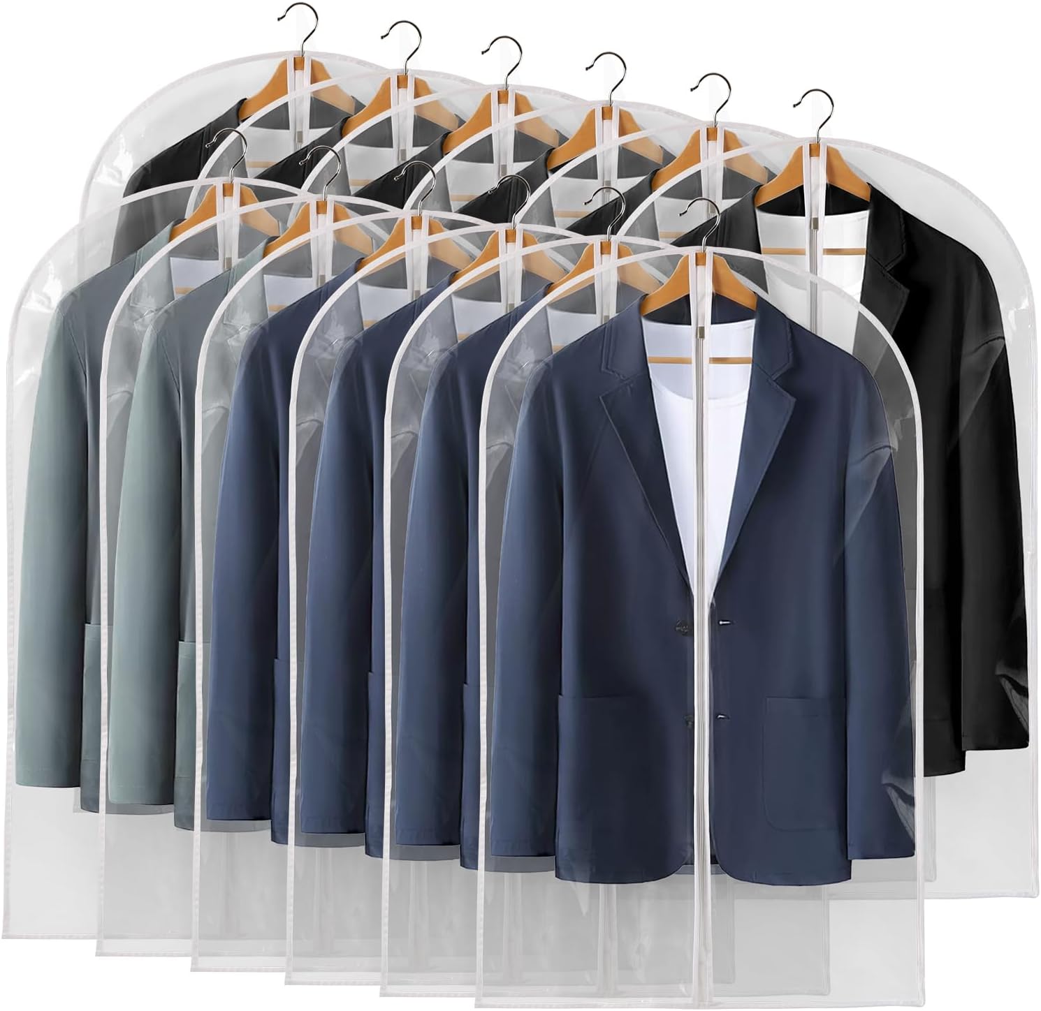 40" All Clear Garment Bags for Hanging Clothes, 12 Packs Suit Bags for Closet Storage, Plastic Waterproof Suit Cover Bags with Zipper for Coats, Jackets, Shirts Set of 12