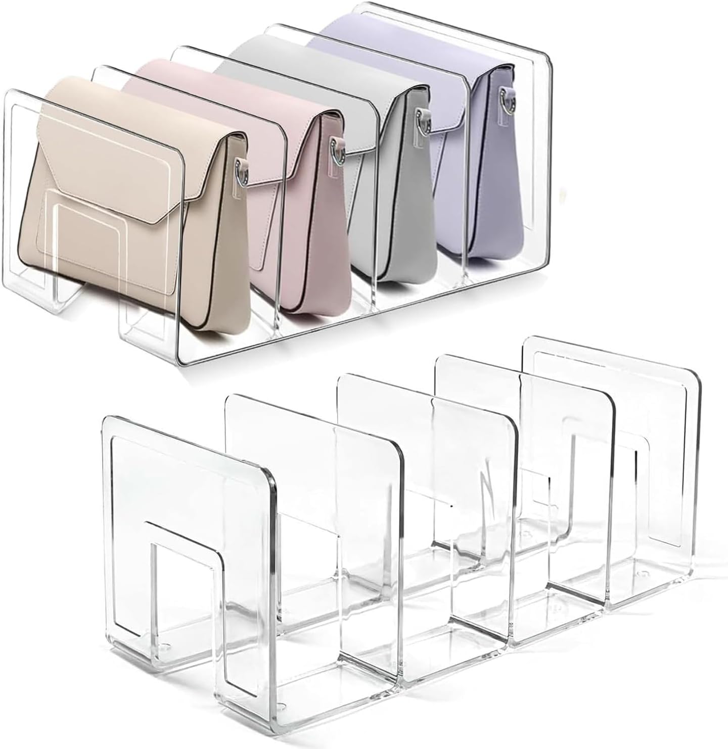 2 Pcs Acrylic Clear Purse Storage Organizers, 4 Sections Dividers in Bedroom Office bright