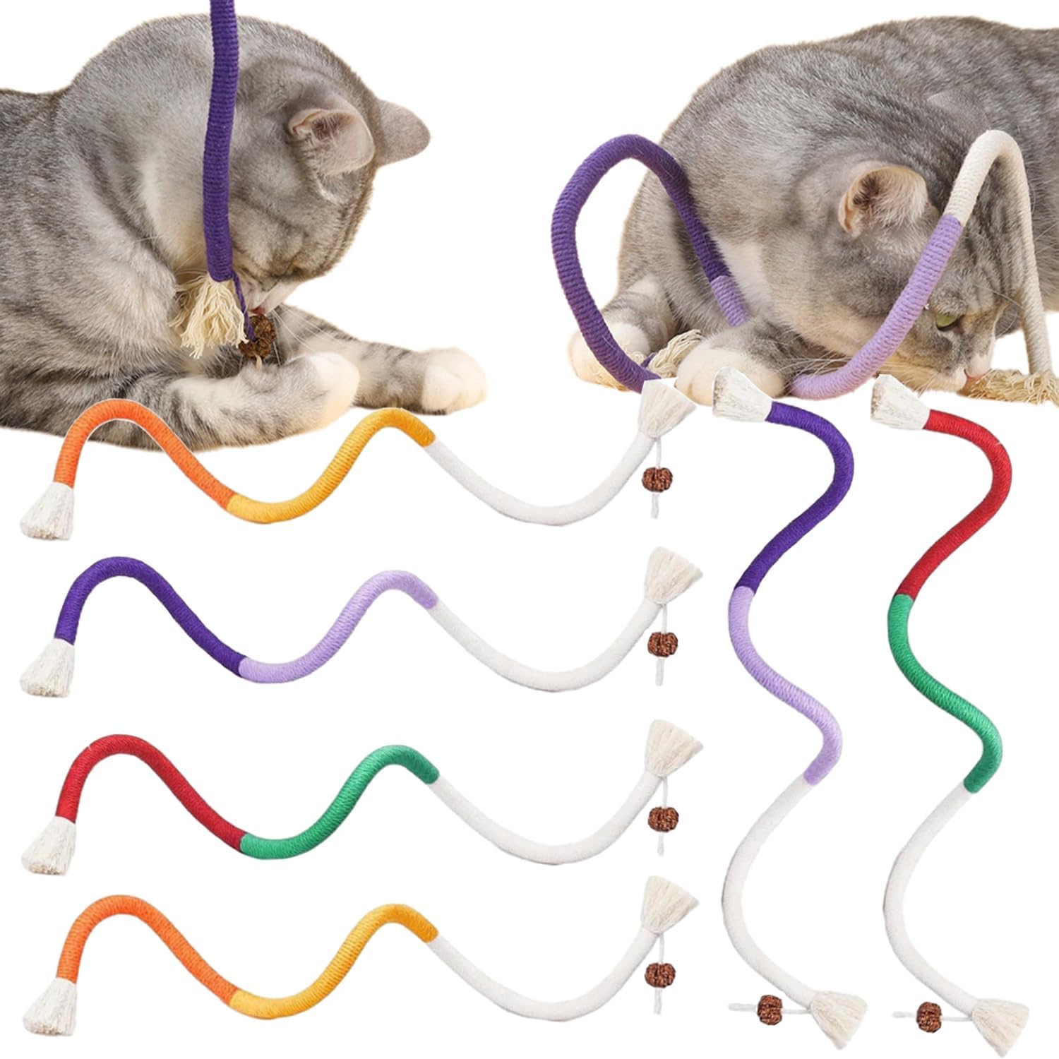 6Pcs Rope Cat Chew Toys, Multi-Color Interactive Cat Toy for 28 Inches, Safe Teeth Cleaning Toy for All Breeds Style A