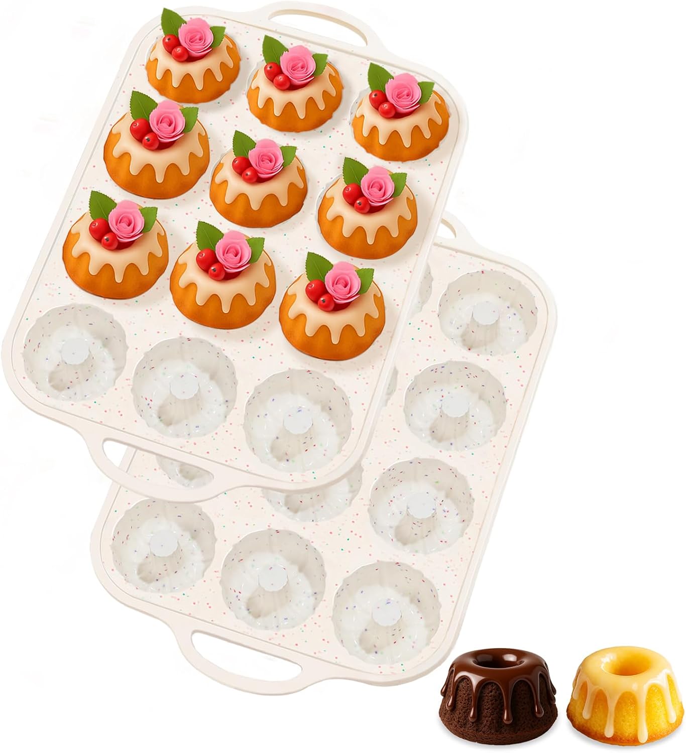 Silicone Mini Fluted Tube Pan with Metal Reinforced Frame, Non-Stick 2PCS , moldes de silicona para gelatina, Small Cake Baking Pan for para chocoflan, Donuts, Cornbread, Brownies, Jellies