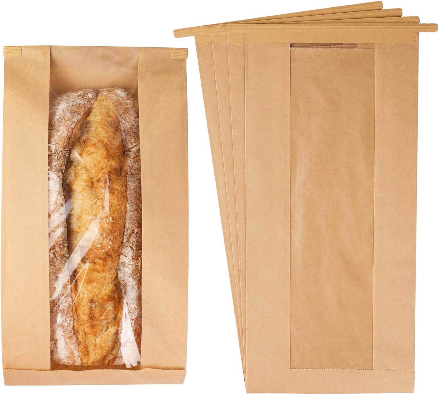 50 Pack Long Paper Bread Bags with Tabs for Homemade Sourdough, Resealable Bakery Bags with Window for Oval Sourdough Bread, Loaves, Pastries, Baguettes 6.3x2.7×13.7 Inches | Grease Resistant