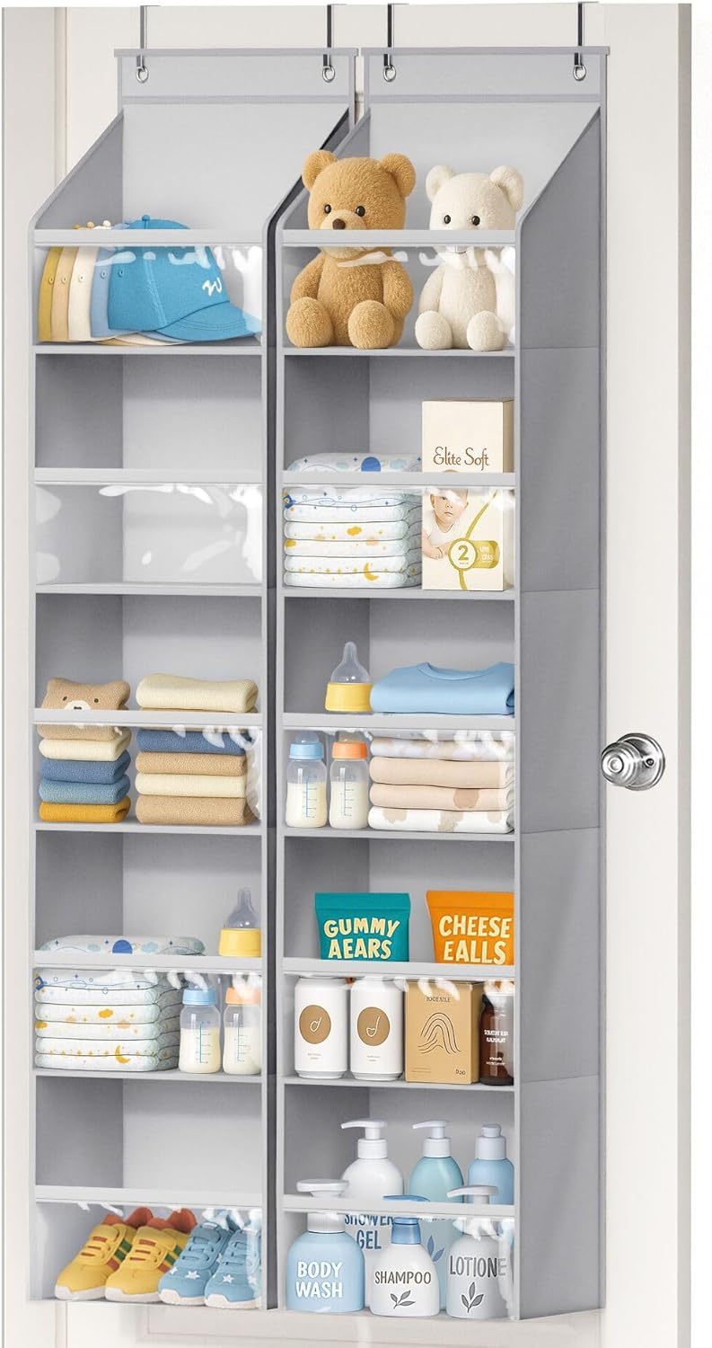 2 Pack Over the Door Organizer, Large Capacity Closet Door Hanging Organizer, Clear Deep Pockets Baby Organizer Storage for Nursery, Bathroom, Bedroom, Pantry, Diapers Grey