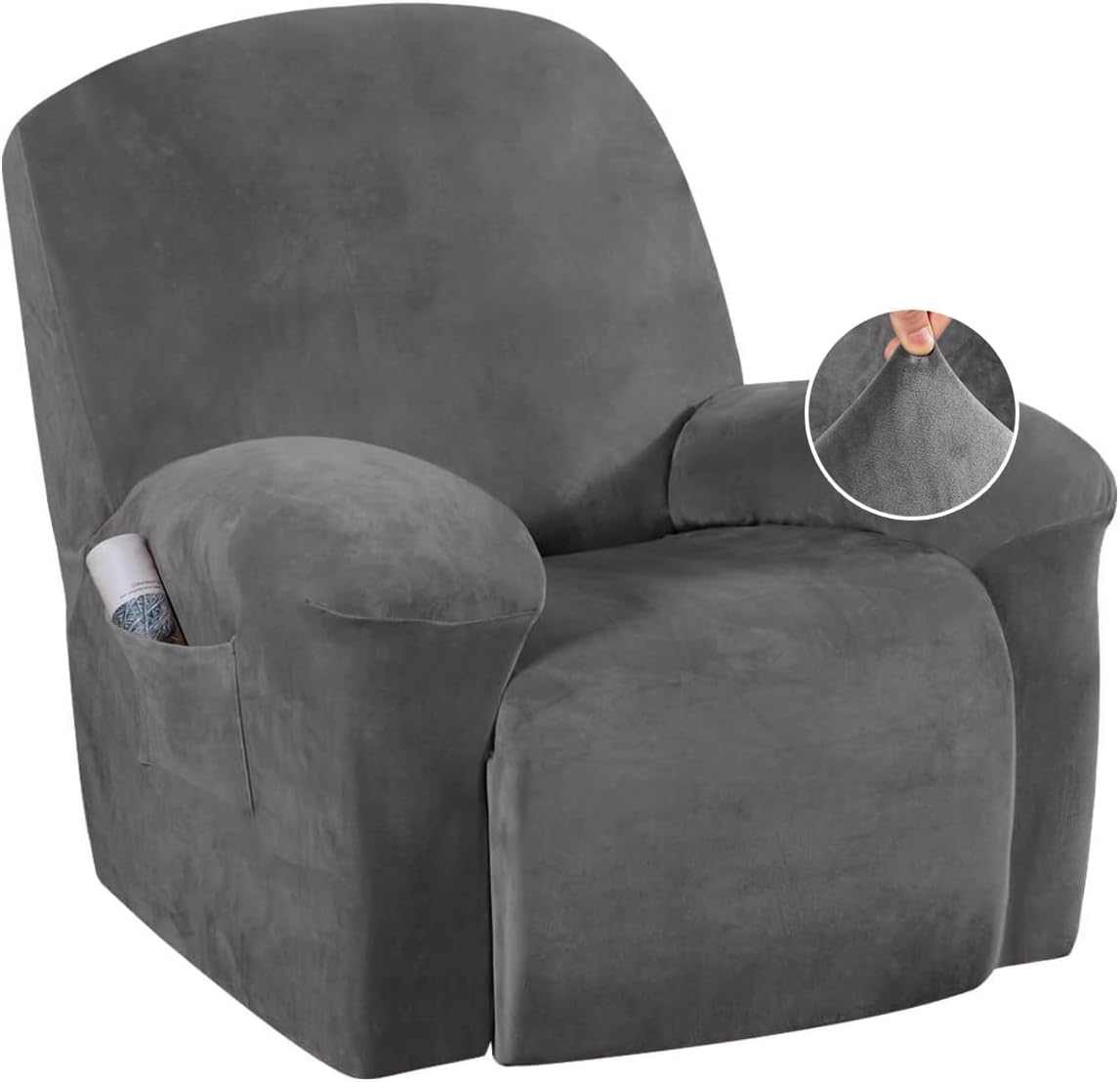 Velvet Recliner Chair Covers 1-Piece for Reclining Chair, Recliner Cover Feature Thick Luxury and Soft Fabric with Elastic Bottom, Anti-Slip Foams Attached Grey, Large