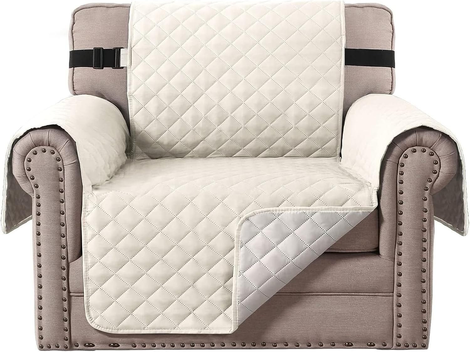 Chair Slipcover Reversible Chair Cover Water Resistant Couch Cover Washable Chair Cover Non-Slip Fabric Furniture Protector with Elastic Strap for Pets Armchair, Ivory/Beige