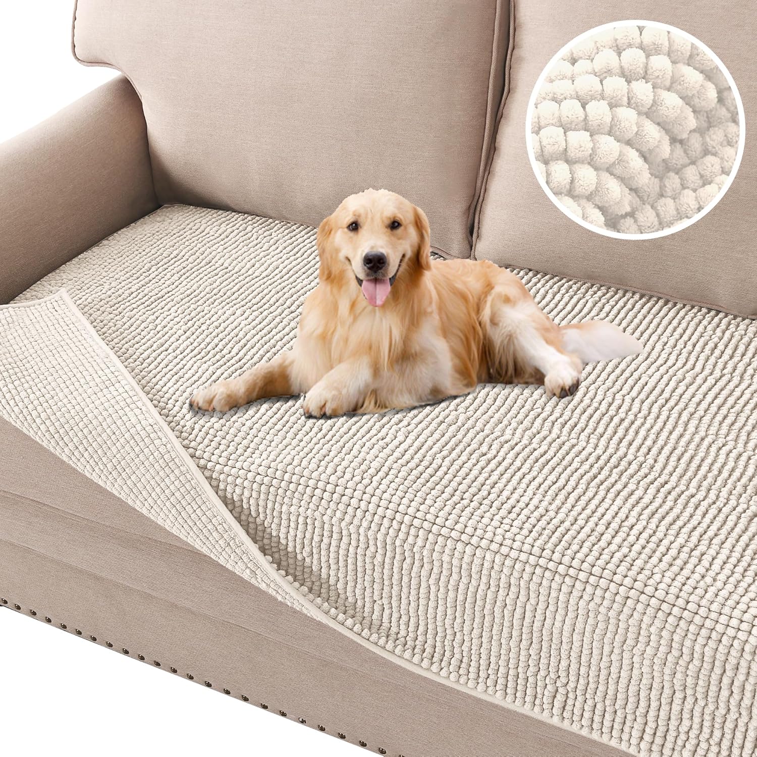 Plh Chenille Dog Bed Cover Thick Soft Sofa Cover for 3 Chion Couch Anti Slip Couch Cover Furniture Protector for Dog, Pet, Cat 35" x 74", Ivory