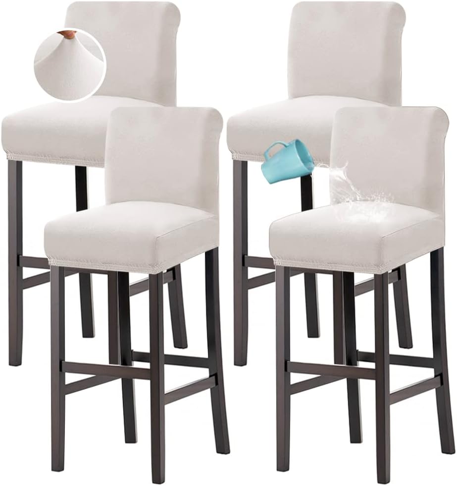 100% Waterproof Bar Stool Cover Stretch Counter Stool Pub Chair Slipcover for Dining Room Removable Soft Thick Solid Fleece Fabric Bar Stool Slipcovers Set of 4, Ivory