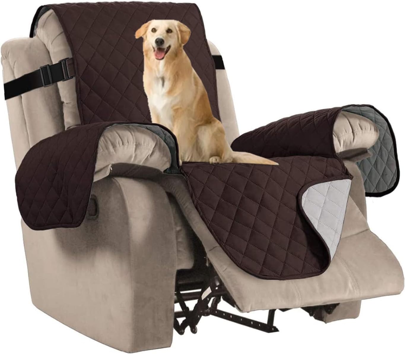 Reversible Quilted Recliner Covers Recliner Chair Cover Water Resistant Furniture Protector Washable Couch Cover with Elastic Straps for Kids, Pets Recliner, Brown/Beige