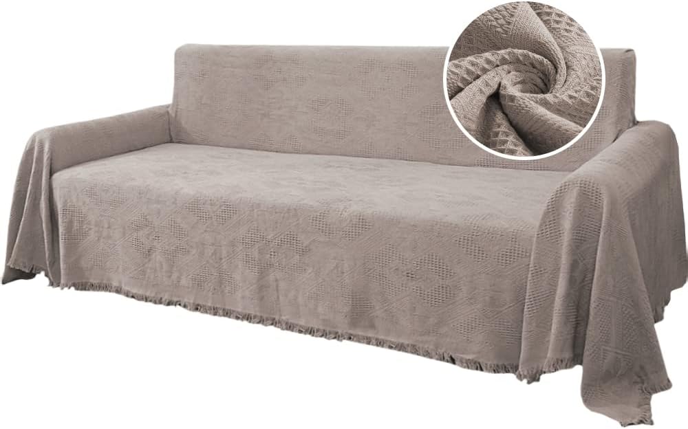 Cotton Sofa Covers Couch Cover Sofa Slipcover for Most Shape Sofas, Feature Thick Woven Jacquard Seamless with Tassels, Multie Decorative for Couch X-Large: 71" x 118", Sand