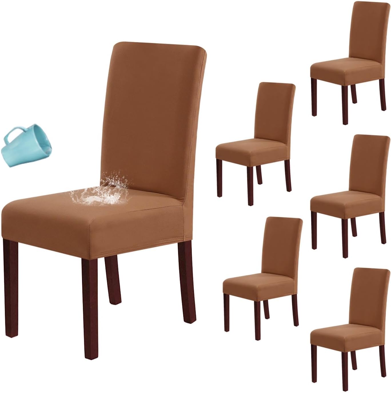100% Waterproof Dining Chair Covers Stretch Chair Covers for Dining Room Set of 6 Parson Chair Slipcovers Chair Protectors Covers Dining, Soft Thick Solid Fleece Fabric Washable, Camel