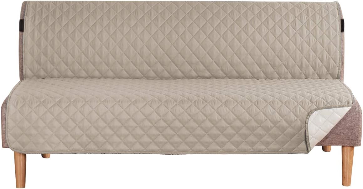 Reversible Futon Cover Water Repellent Armless Sofa Slipcover Washable Furniture Protector with Adjtable Elastic Strap Anti-Slip Futon Bed Cover for Dogs 70" Width Seat Khaki/Beige