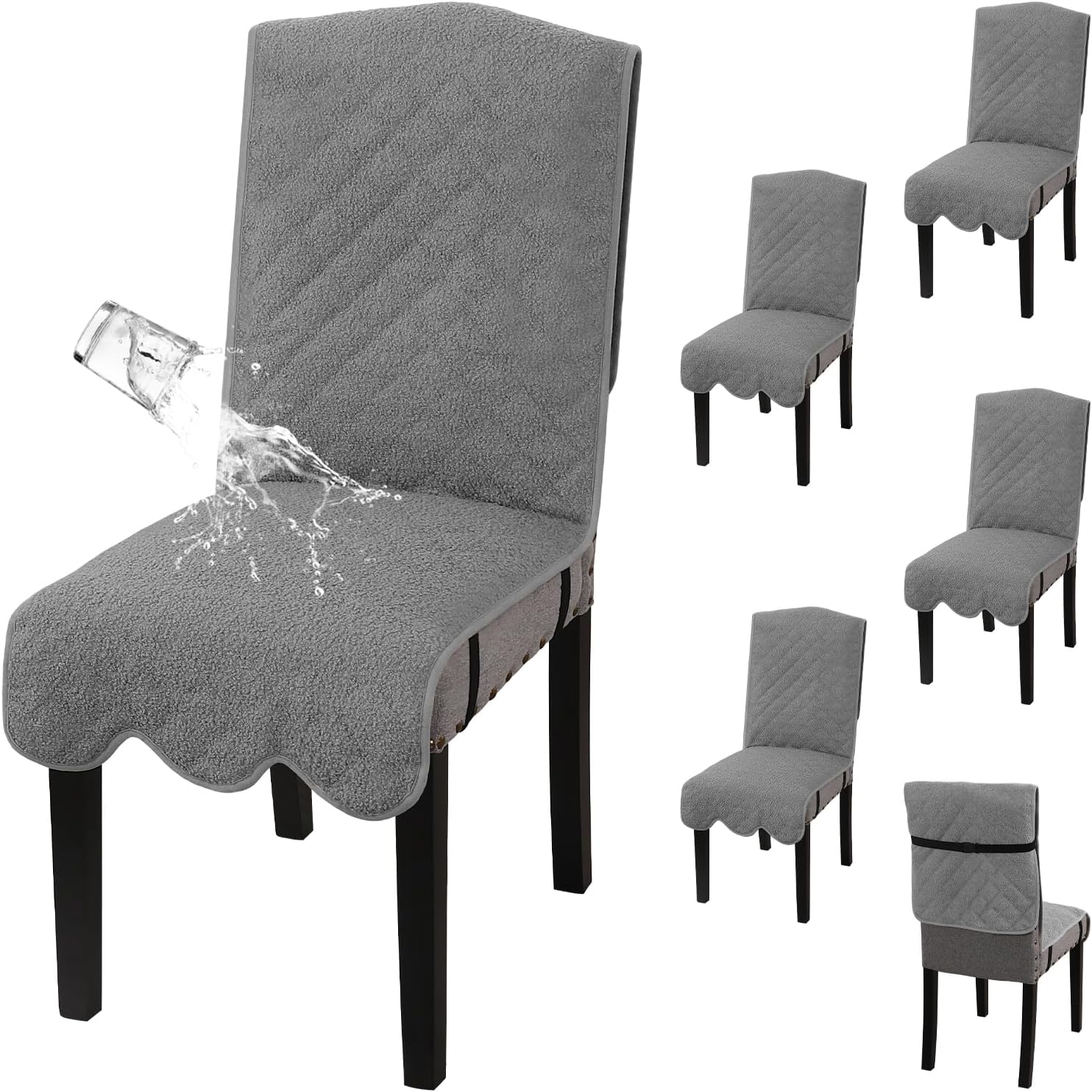 100% Waterproof Dining Chair Covers Set of 6 Teddy Fleece Kitchen Chair Covers Parson Chair Slipcovers for Kitchen Dining Room, Grey