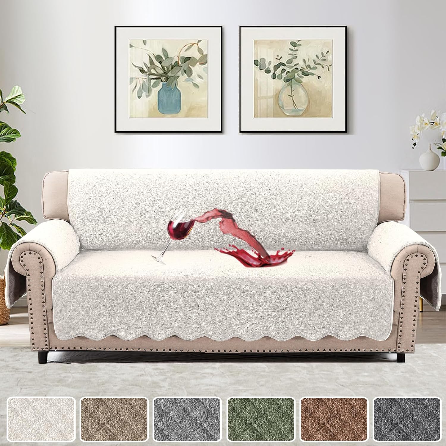 Waterproof Quilted Couch Covers Non Slip Sofa Covers Protector Slipcovers for Dogs Couch Covers for 3 Chion Couch Pet Furniture Protector Modern Fleece Fabric Sofa,Natural White