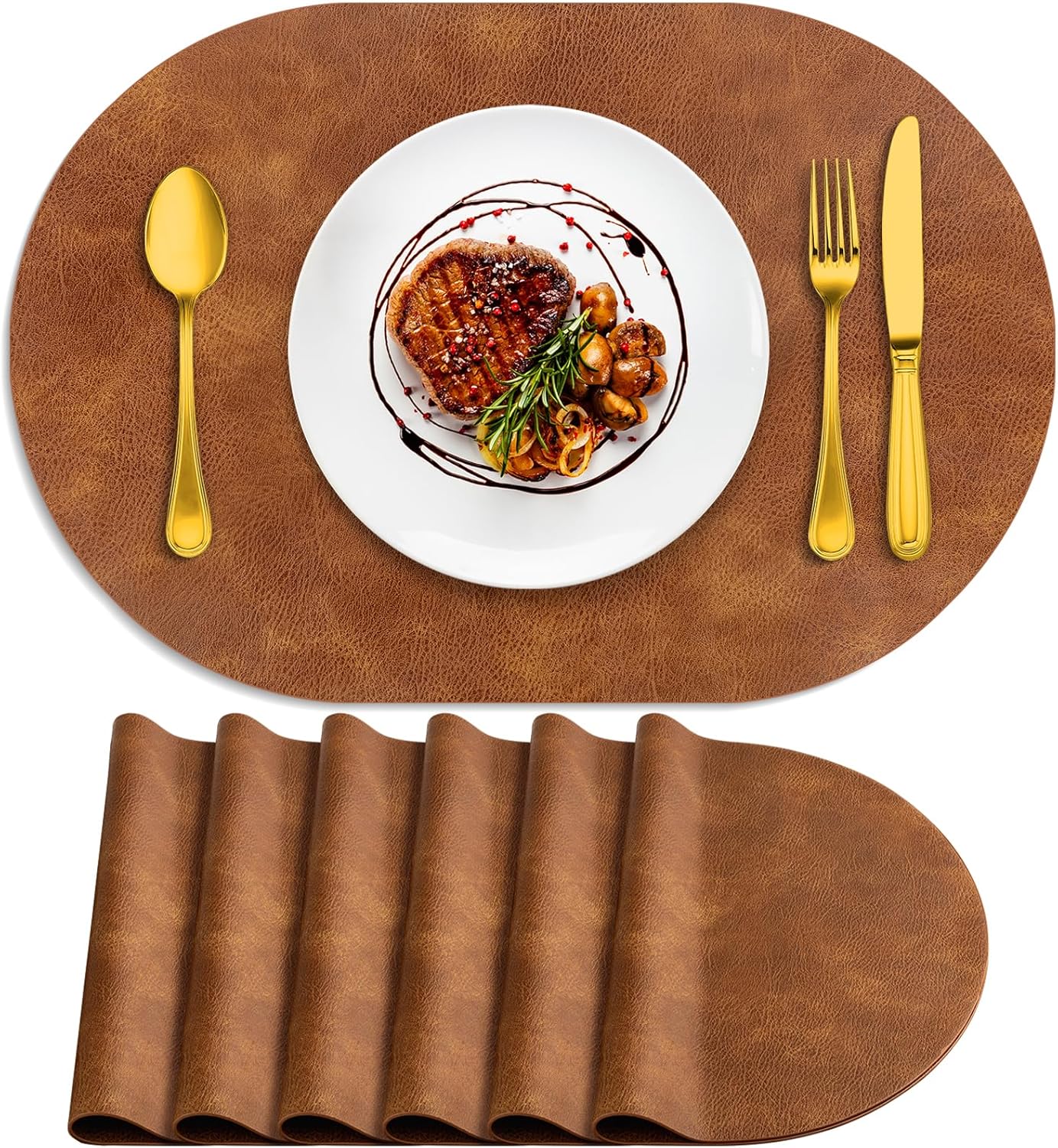 Placemats, Heat Resistant Oval Placemats Set of 6 Washable 12 x 17 Inch, Waterproof Table Mats, Wipeable Pu Place Mats for Kitchen, Dining Room, Turmeric Brown
