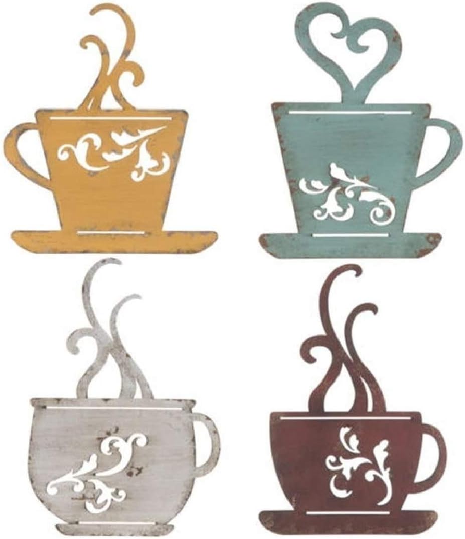 Coffee Cup Wall Decor - Metal Cafe-Themed Decorations - Set of 4 Red, Turquoise, Yellow, & White Vintage Mug Art - Decorative Kitchen, Dining Room, Restaurant, Coffee Shop Accessories