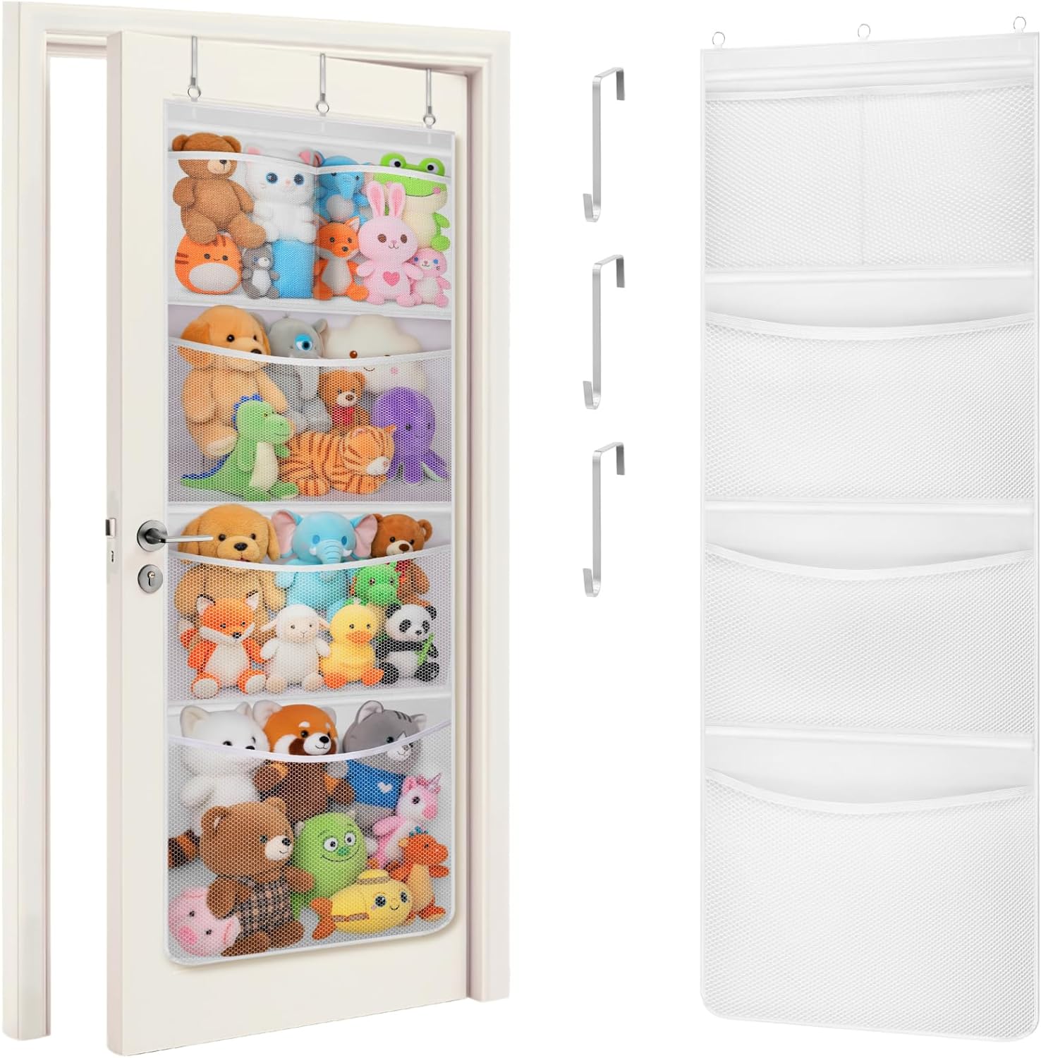 Stuffed Animal Storage, Over the Door Organizer with 5 Expandable Mesh Pockets, Breathable Oxford Fabric Hanging Kid Baby Plh Toy Holder for Nursery, 167 cm 65.8'' High, White, 1 Pack