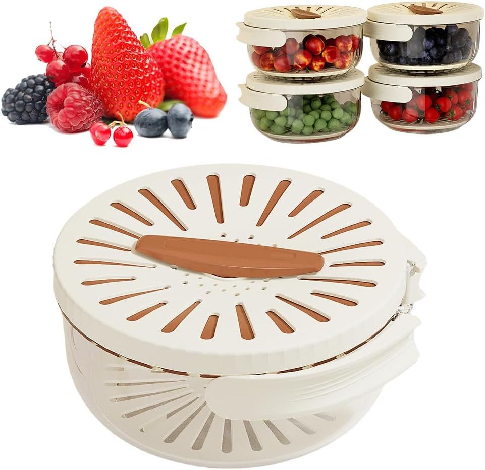 2-in-1 Draining and Preservation Basket, 2026 Upgraded Multifunctional Fruit and Vegetable Washing Bowl with Handle Fruit Strainer Container with Lid for Kitchen, Fridge, Picnic, Camping Brown