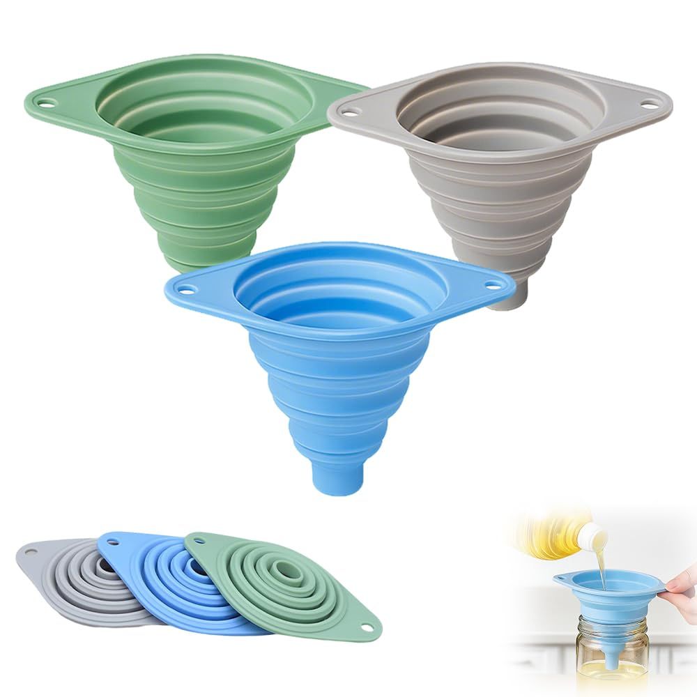 Kitchen Funnel Set 3 Pack, Collapsible Silicone Funnels for Filling Water Bottles & Small Bottles | Food-Grade, Easy Clean & Space-Saving Mix Colors