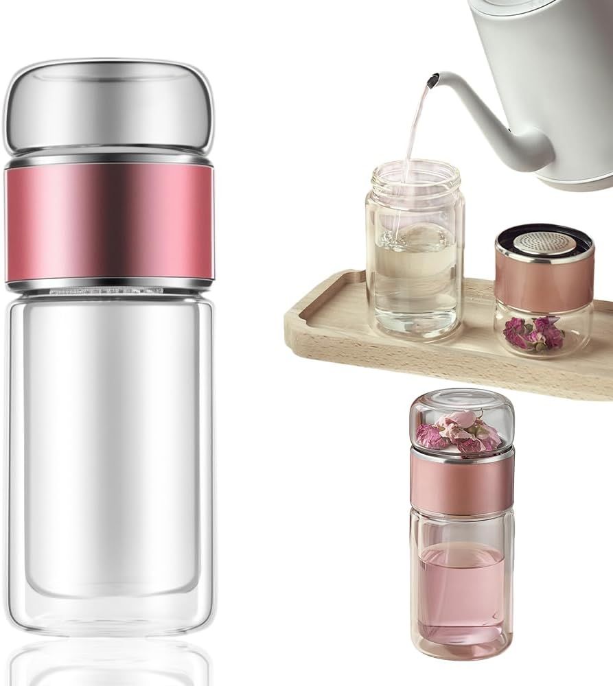 Double Wall Glass Tea Infuser Bottle Tumbler - 12oz/350ml Leakproof Travel Mug with Stainless Steel Filter for Loose Leaf Tea & Fruit Water, Hot or Cold Ready, Suit for Office Travel Home rose gold