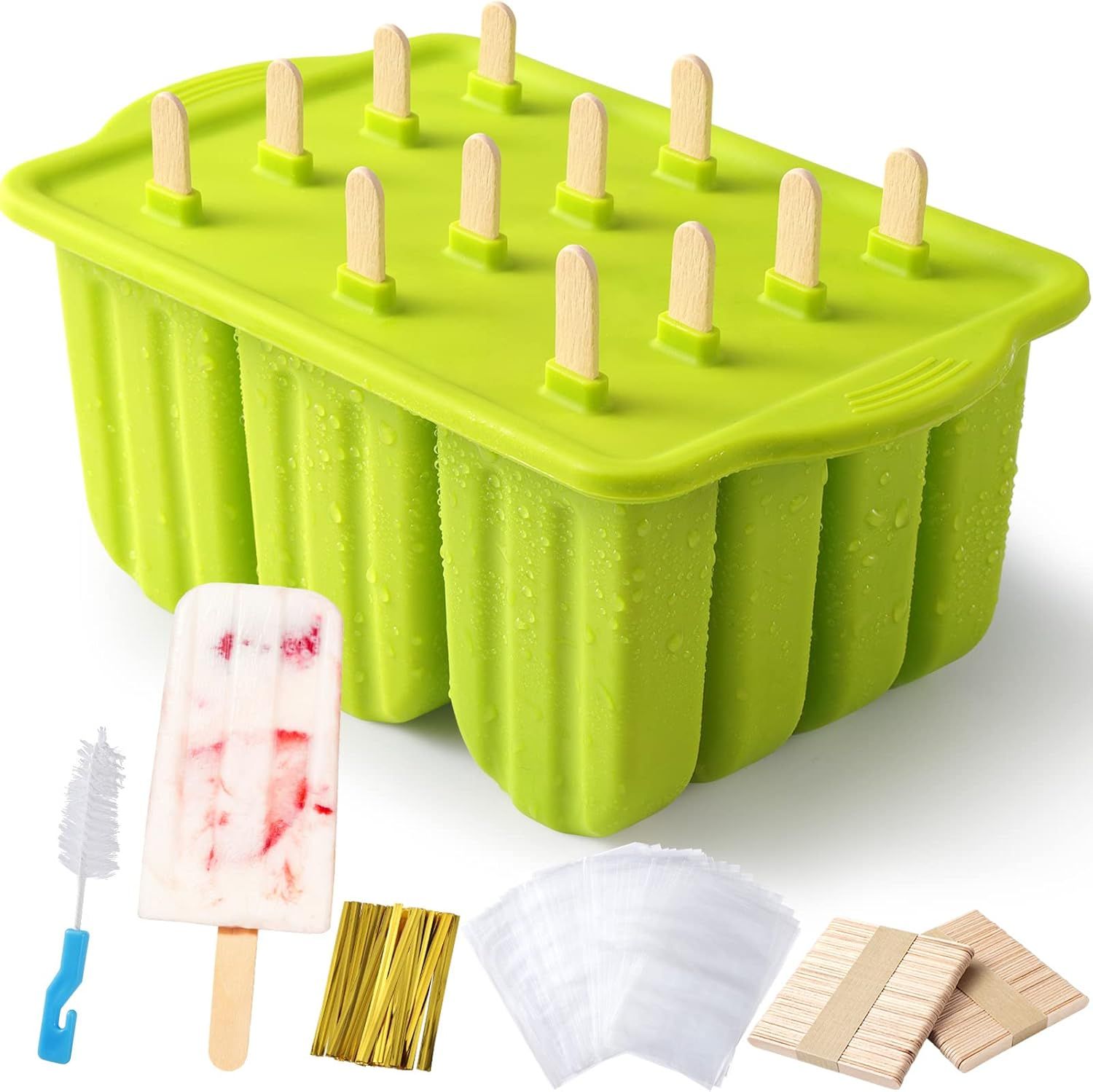 Popsicle Molds Silicone BPA-free,12 Pieces Popsicle Trays for Freezer,Homemade Ice Cream Popsicle Molds,Large Ice Pop Maker Set,Moldes Para Paletas,Ice Lolly Moulds with 100PCS Popsicle Sticks Green