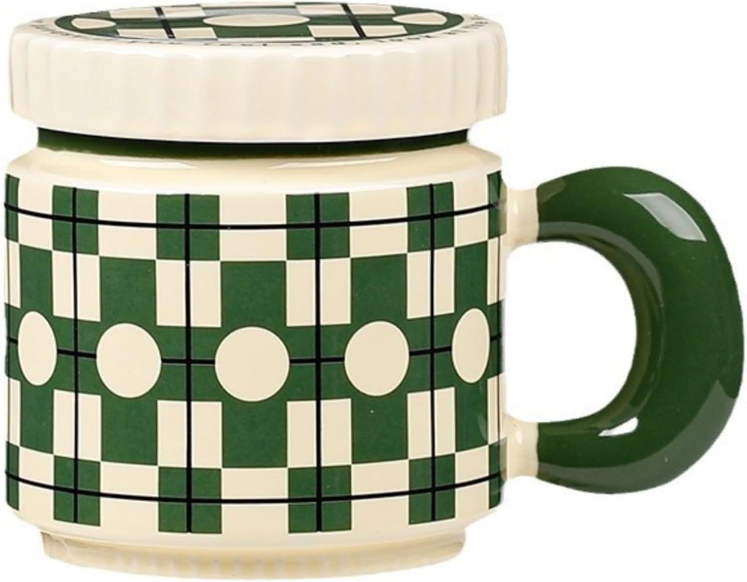 14 Oz Luxe Ceramic Coffee Mug Tea Mug with Lid Handle Floral/Stars/Plaid Design, Elegant Water Cup Cereal Bowl Ice Cream Bowl green,14 Oz