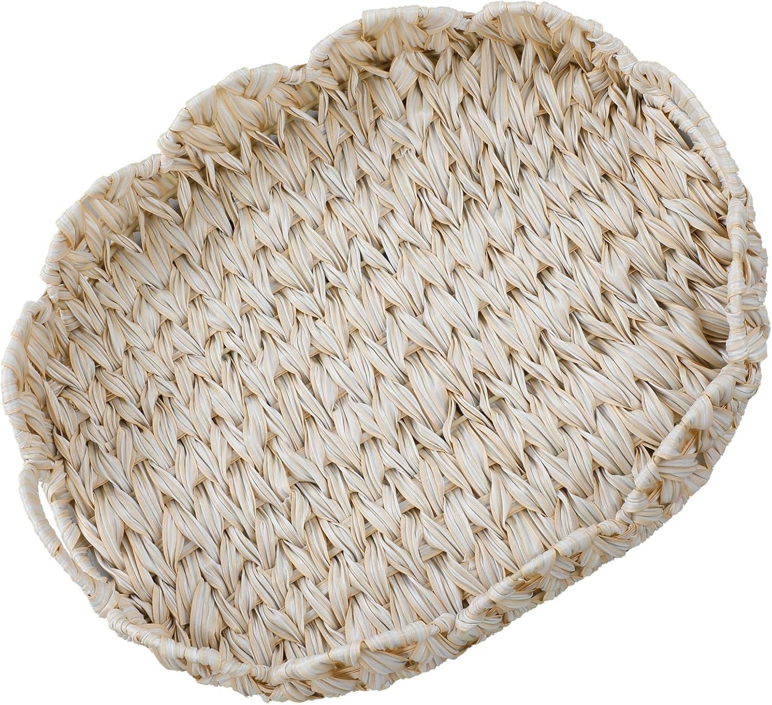 16.5 inch Round Wicker Tray, Boho Decorative Coffee Table Tray,Woven Serving Tray with Handles,Wicker Scallop Basket