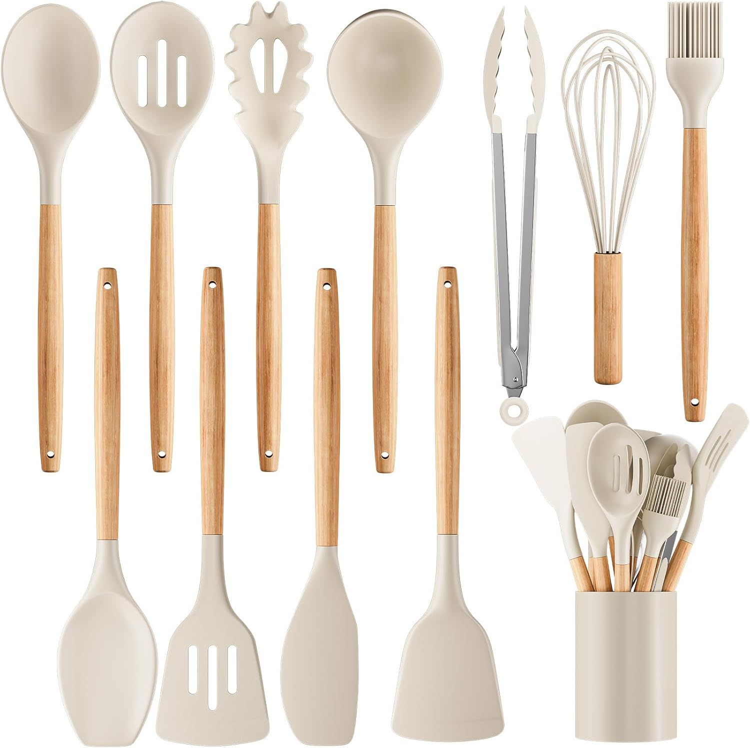 Silicone Cooking Utensil Set,12 PCS Cooking Cookware Kitchen Utensils Set for Cooking, Nonstick 446°F Heat-Resistant Cookware Kitchen Tools of Spoon,Brush,Whisk,Spatula,Turner Tongs Khaki