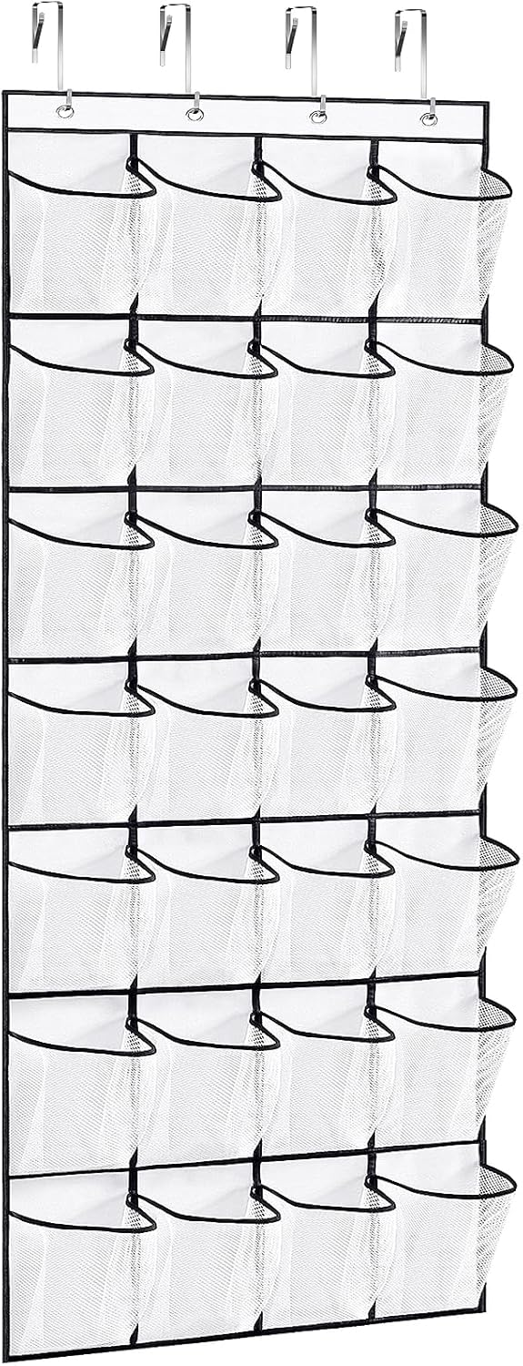 28Large Pockets Over The Door Shoe Organizer, Hanging Shoe Organizer for Closet, Premium Clear Shoe Rack for Door, Shoes Hanger Organizers Storage Holder for Back of Door and 4Metal Hook White