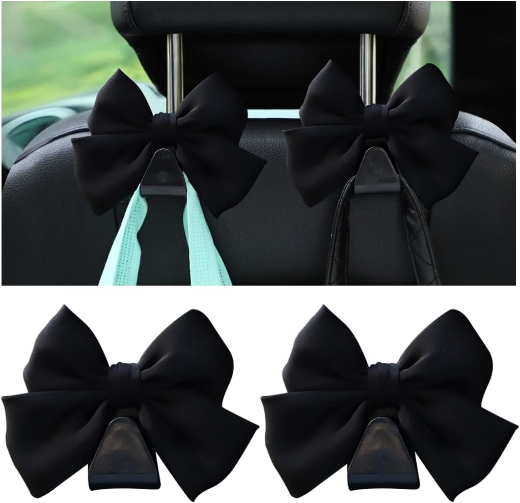 2PCS Car Seat Headrest Hooks, Cute Bow Vehicle Hooks for Purses and Bags, Automotive Purse Hook Hanger Interior Decoration Accessories, Universal for SUV, Sedan, Truck Black Line