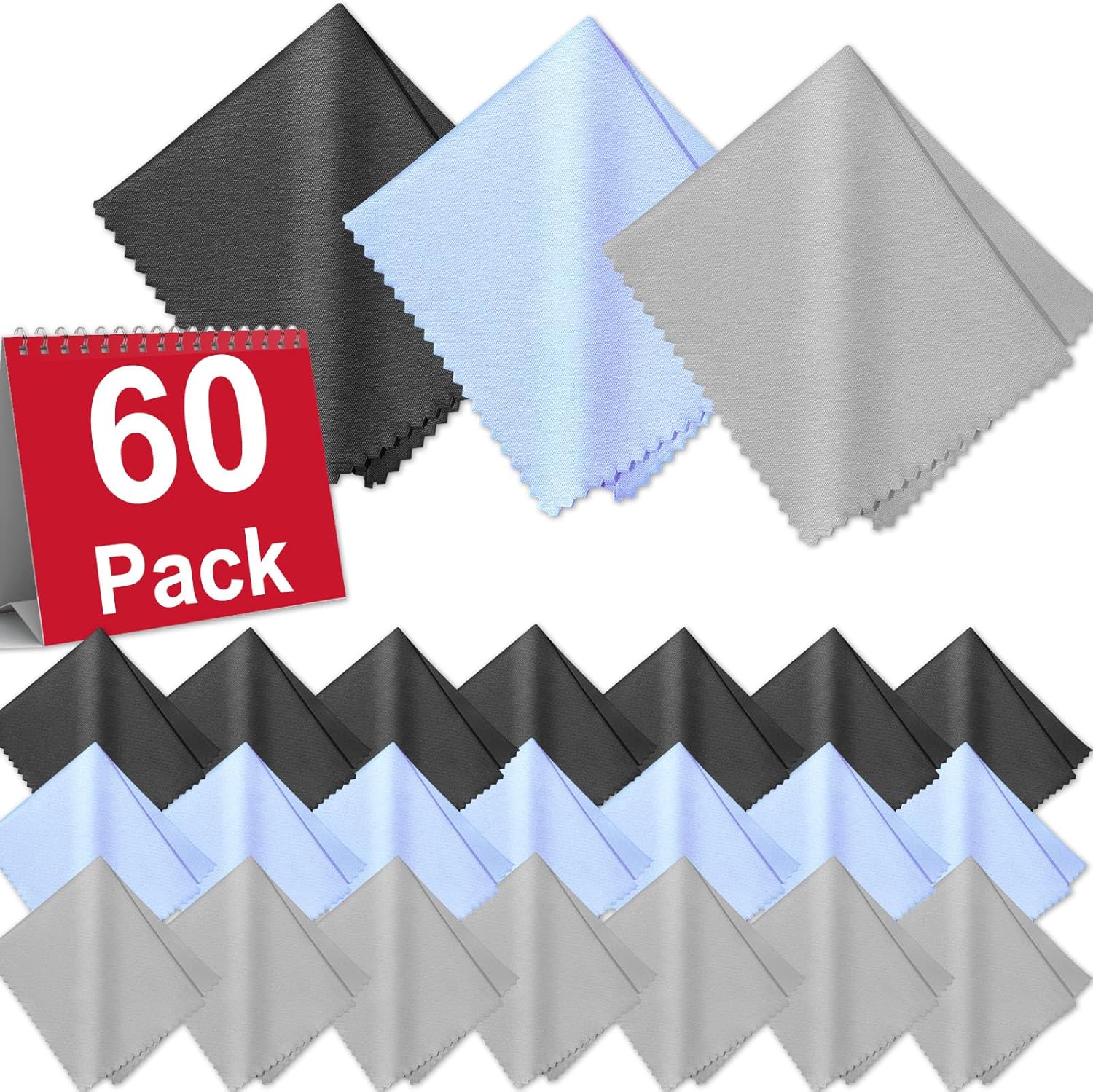 60-Pack Microfiber Cleaning Cloths for Glasses, 6x7 Inch Premium Lens Cleaning Cloth for Screens, Cameras, Eyeglasses, Cell Phone, LCD TV Screens,Black,Grey and Light Blue