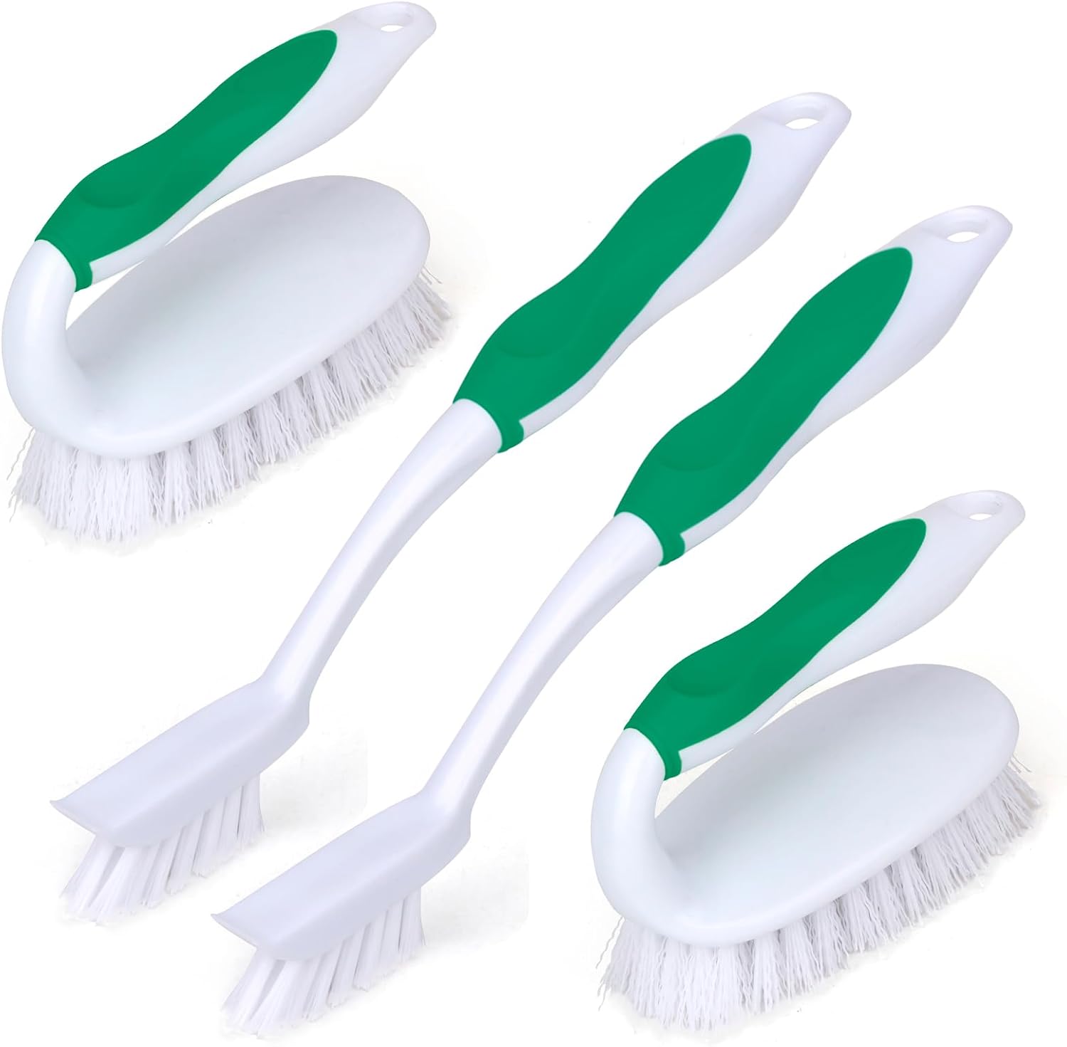 Scrub Brush Set, 4 Pack Deep Cleaning Brush Kit - 2 Scrub Brush, 2 Tile & Grout Brush with Built-in Scraper, Household Commercial Scrubber for Floor, Shower, Pool Wall, Tub Green
