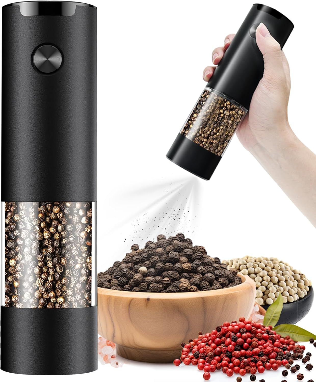 Electric Pepper or Salt Grinder,Adjustable Coarseness Salt & Pepper Mill,With LED Light,Easy to Clean,Battery Powered,One Handed Operation,Kitchen Essential 1 pack/black