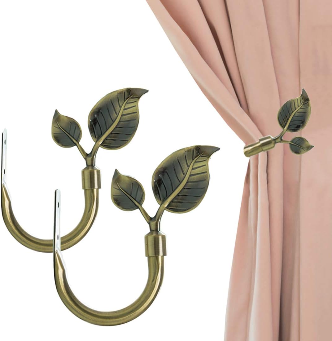 Leaf Shaped Curtain Tieback Holdbacks 2pcs, Handmade Metal Curtain Side Holders for Wall, Curtain Hook Pull Backs for Drapes Window Decoration Antique Brass