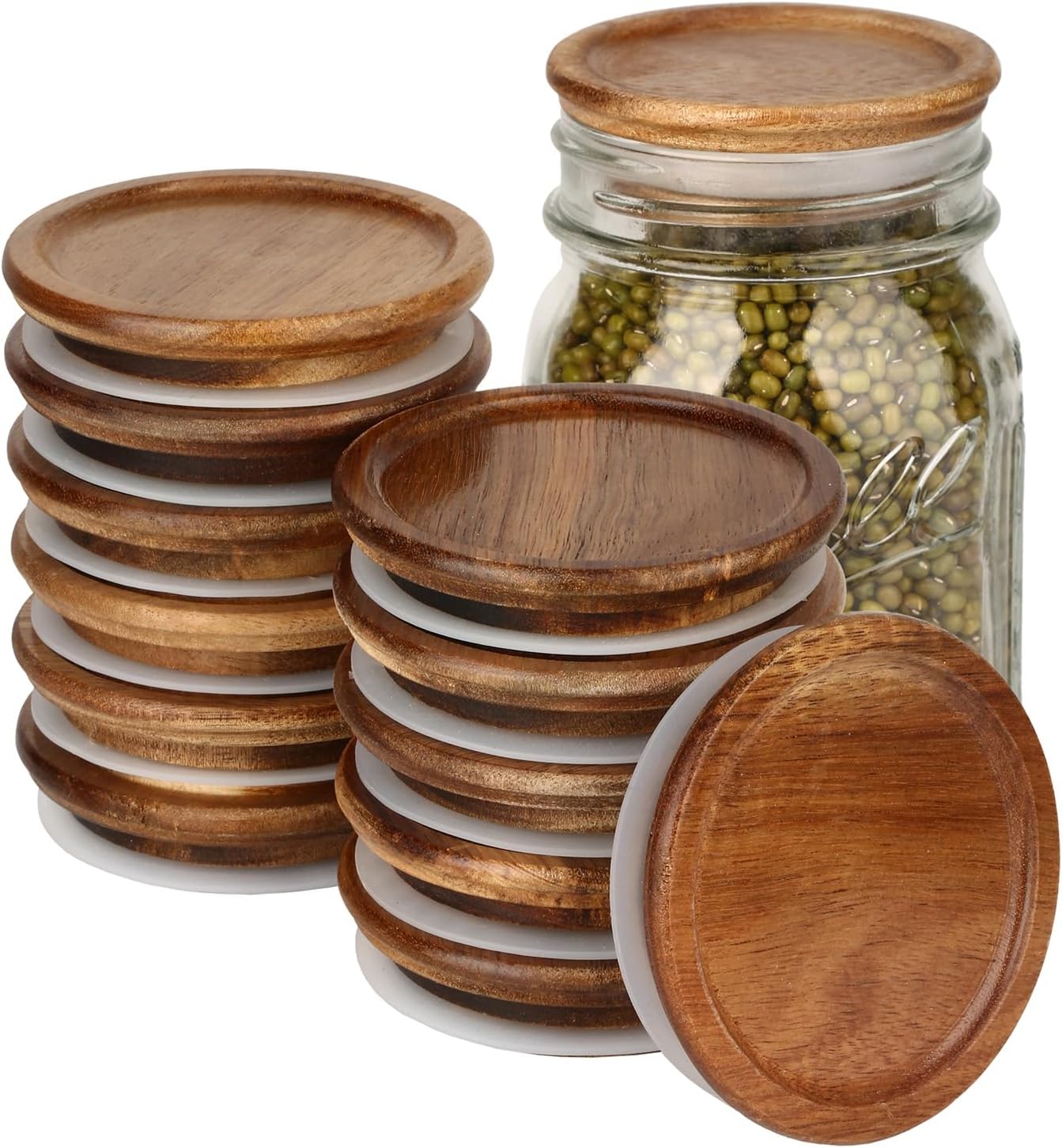 12 Pack Wide Mouth Mason Jar Lids, Reusable Canning Lids with Wooden and Silicone Seals - Perfect for Canning and Preserving in Mason Jars, Brown 12PCS Wide Lids