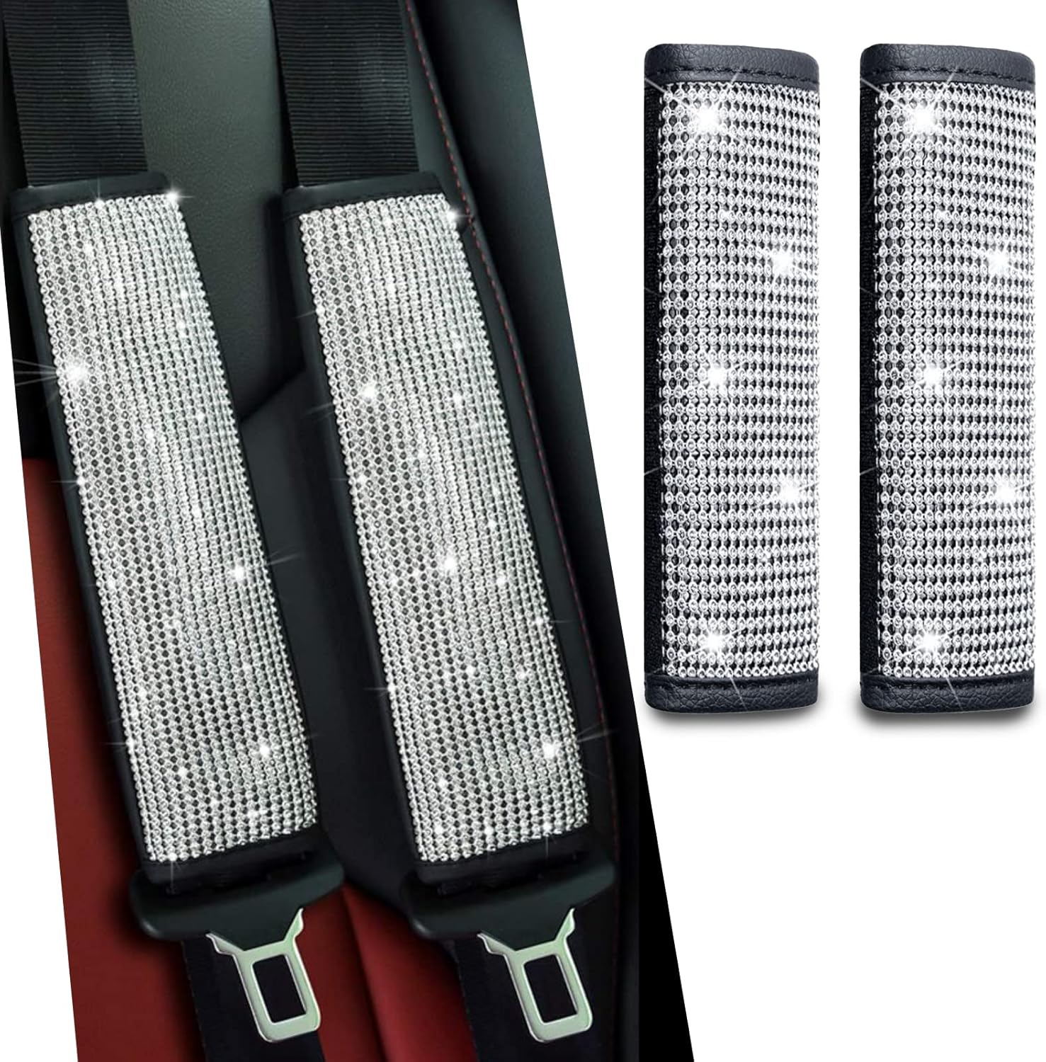 2-Pack Bling Seat Belt Covers,Bling Seat Belt Covers for Womens,Car Seat Belt Strap Cover Shoulder Pad,Universal Car Interior Accessories Fit for Car/Truck/SUV Silver,2PC