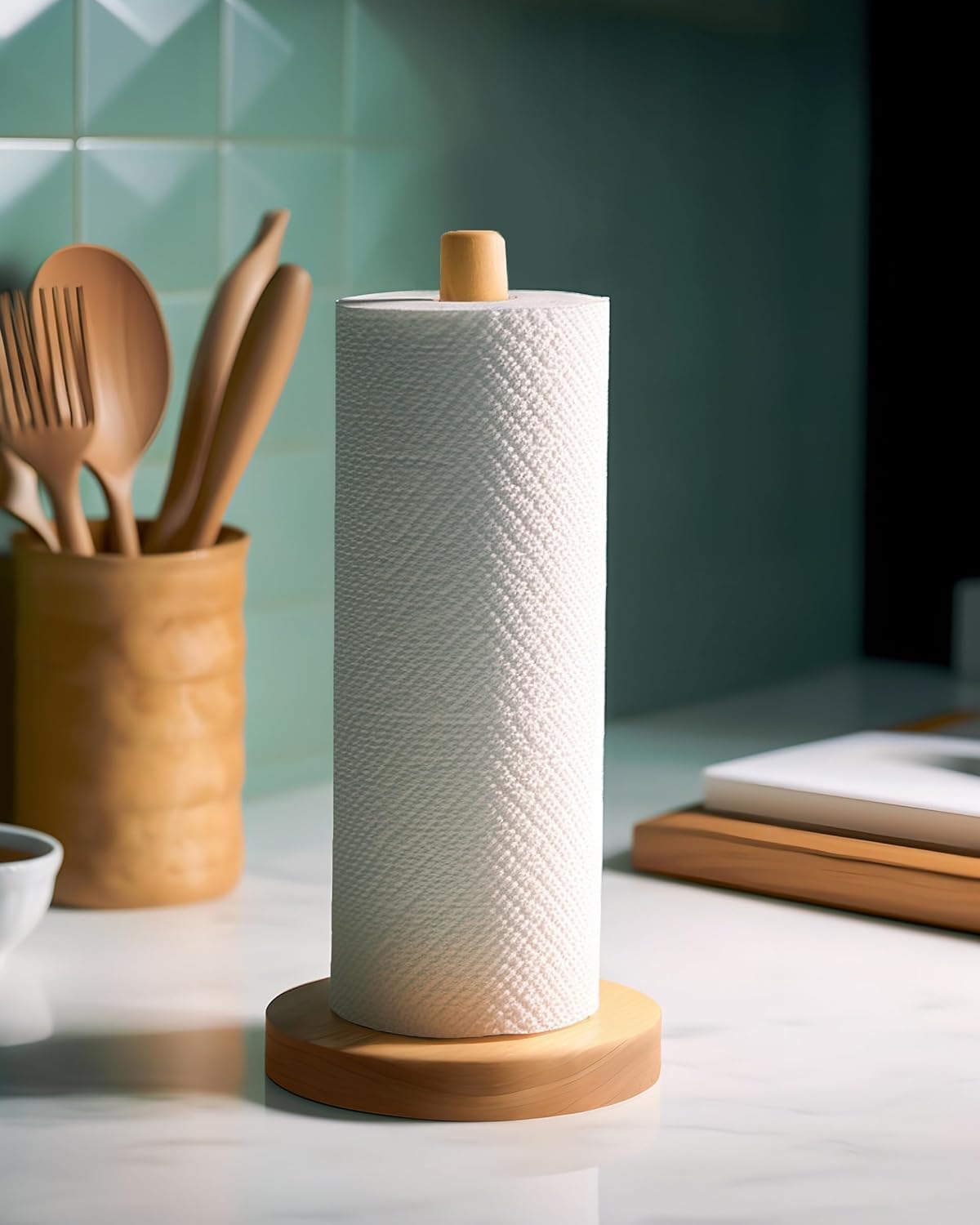 Wooden Paper Towel Holder Stand - Kitchen Paper Hanger Rack Bathroom Towel Roll Stand Organizer Simply Standing Countertop Paper Roll Holder, WPTH