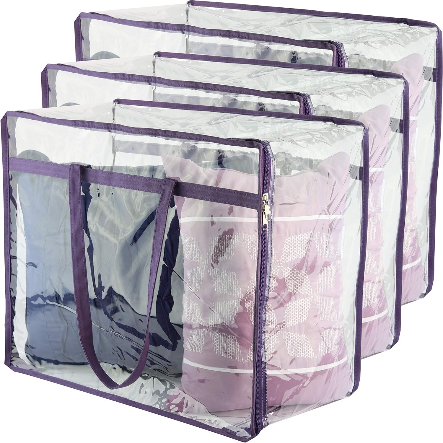 Clear Vinyl Zippered Storage Bags 3-Pack 40L Sturdy Storage Bags for Sweaters, Blankets, Comforters, Bedding Sets and Much More! Purple, 18x15x9