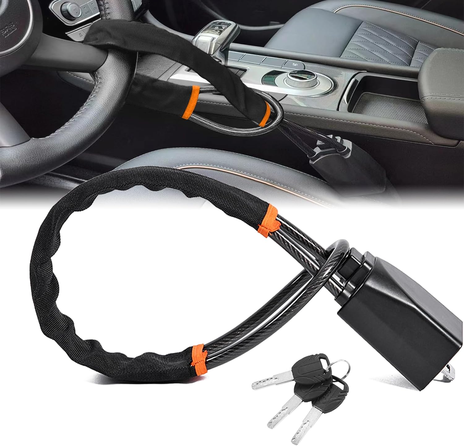 DualGuard Car Steering Wheel & Seat Belt Lock - 17" Universal Anti-Theft Device for Vehicles, SUVs, Golf Carts | Compact & Lightweight Security Lock with Multi-Function Keys Black