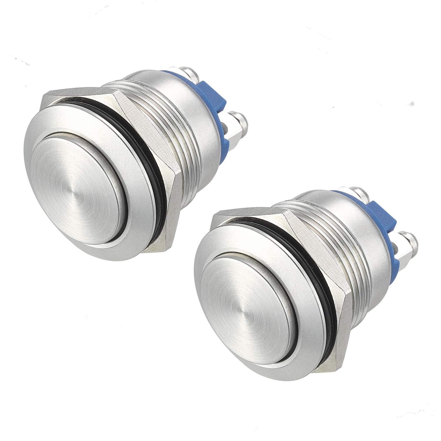 19mm Momentary Push Button Switch High Round Cap Waterproof Stainless Steel Metal High Flush Screw Terminals 250V 5A 1NO SPST Pack of 2