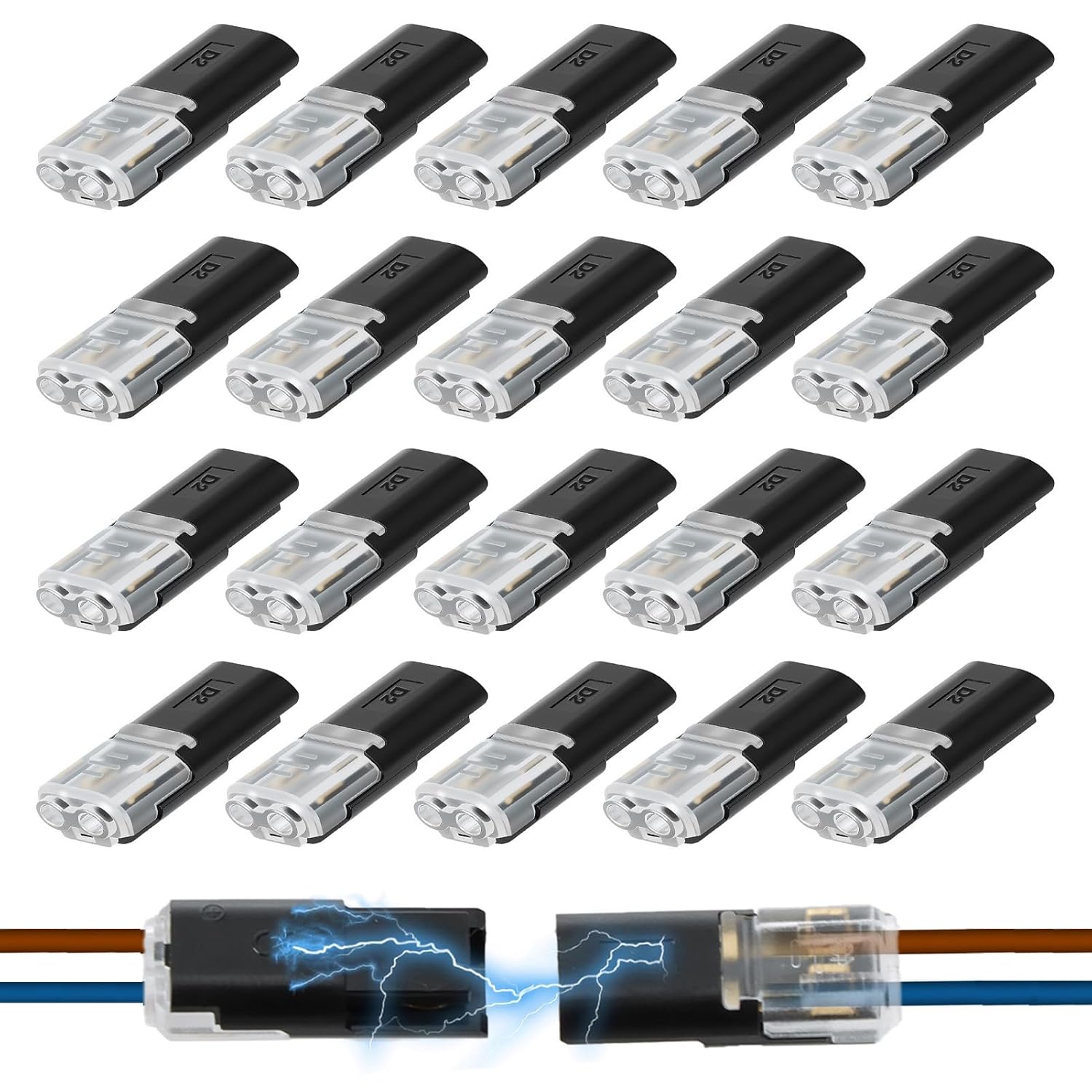 Double Wire Plug in Connector, 2-Pin Low Voltage Wire Connector with Locking Buckle, No-Stripping Quick Splice Clips for 22–18 AWG LED Strip Light&Electrical Cable 20 Pcs 20 Pcs