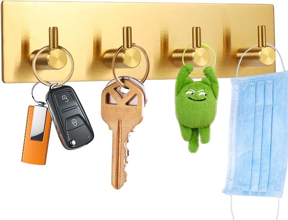Key Holder for Christmas Wall Decorative, Adhesive Stainless Steel Key Hooks, Key Hanger Key Organizer Towel Hook Coat Hanger for Entryway Hallway Kitchen Four Rows, Golden 1 PC