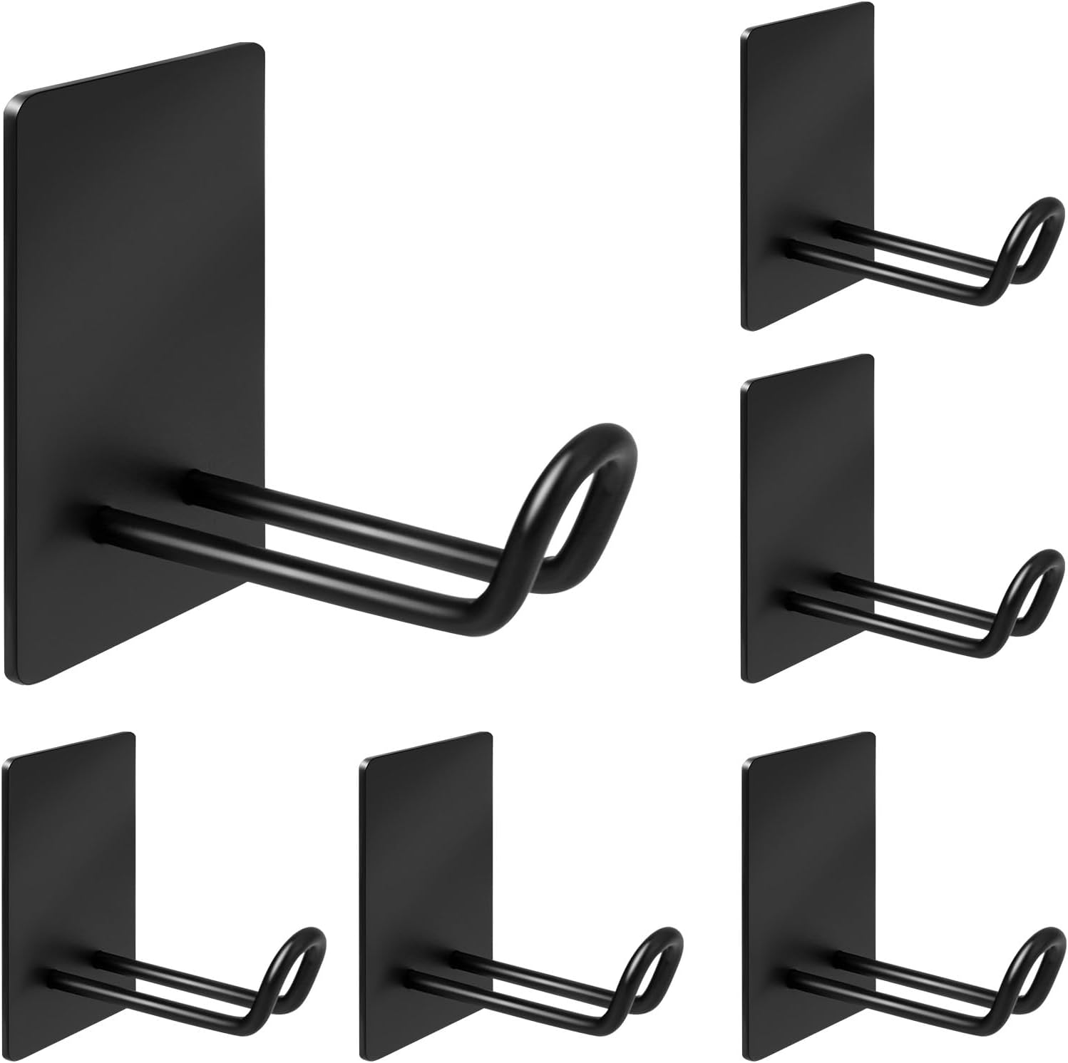Self Adhesive Hooks Heavy Duty, Large Stainless Steel Towel Hooks, No Drill Sticky Hooks, Long Stick on Shower Wall Hooks for Hanging Hat Coat Key Headphone Black 6Pcs