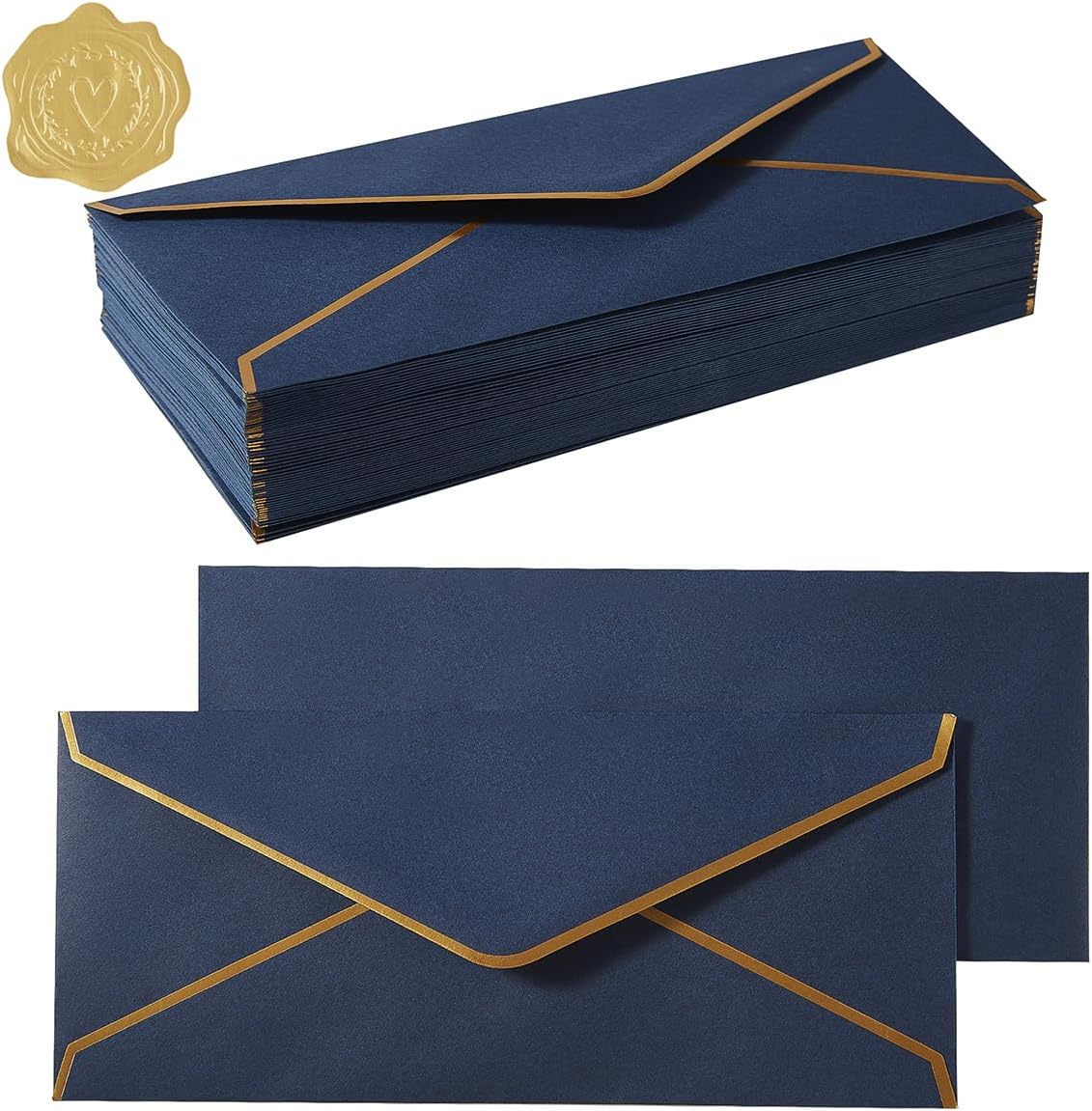 100 Pack #10 Business Envelopes with Gold Border, Self Seal Standard Envelopes with Gold Stickers for Office, Checks, Letter Mailing, Invoices, 4 1/8 x 9 1/2 Inches Navy Blue
