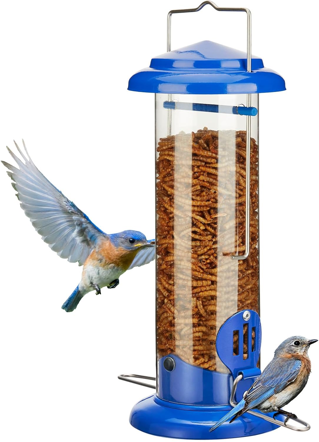 Upgraded Bluebird Feeder for Outdoors Hanging, Metal Mealworm Tube Bird Feeder with Widen Perch for Wild Birds, Squirrel Chew Proof, Easy to Refill & Clean Blue