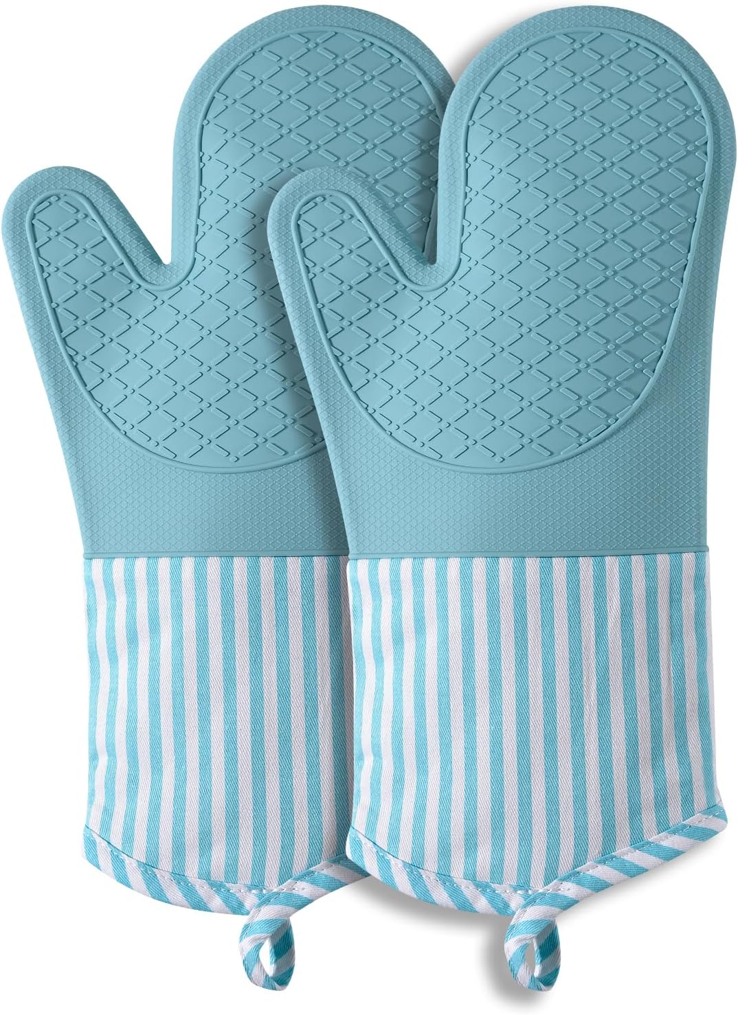 Silicone Oven Mitts, Heat Resistant Oven Gloves with Quilted Liner, Waterproof & Non-Slip Kitchen Mittens for Baking Cooking BBQ, 500°F, 13.5"-Nordic Blue