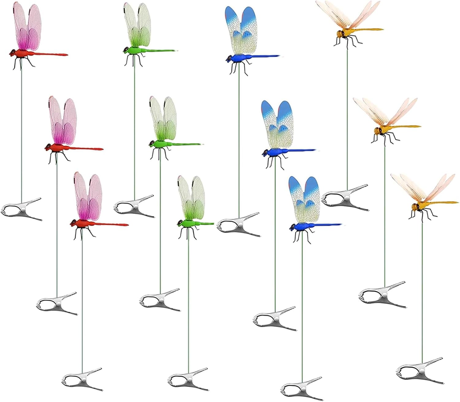 12 Pack Dragonfly Clip,Fake Dragonflies, Humming Bird Stakes Fake, Plastics Dragonfly for Garden Stakes Decor Yard Ornaments for Hat,Deer and Horse,Fly Scare Devices for Indoor Outdoor