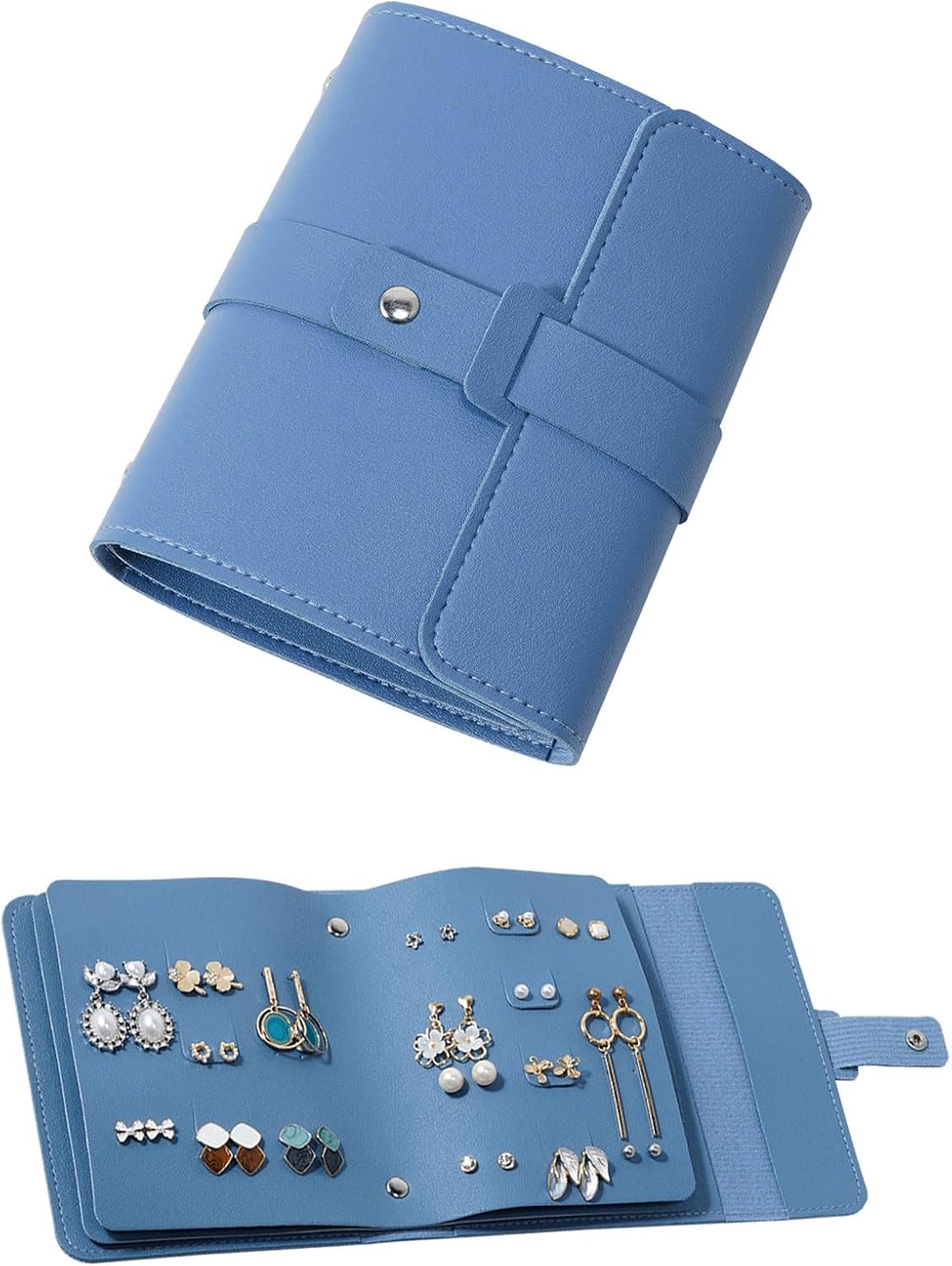 Earring Holder Organizer with Foldable Book Design Jewelry Book Organizer, Portable Pu Leather Travel Earring Case Blue