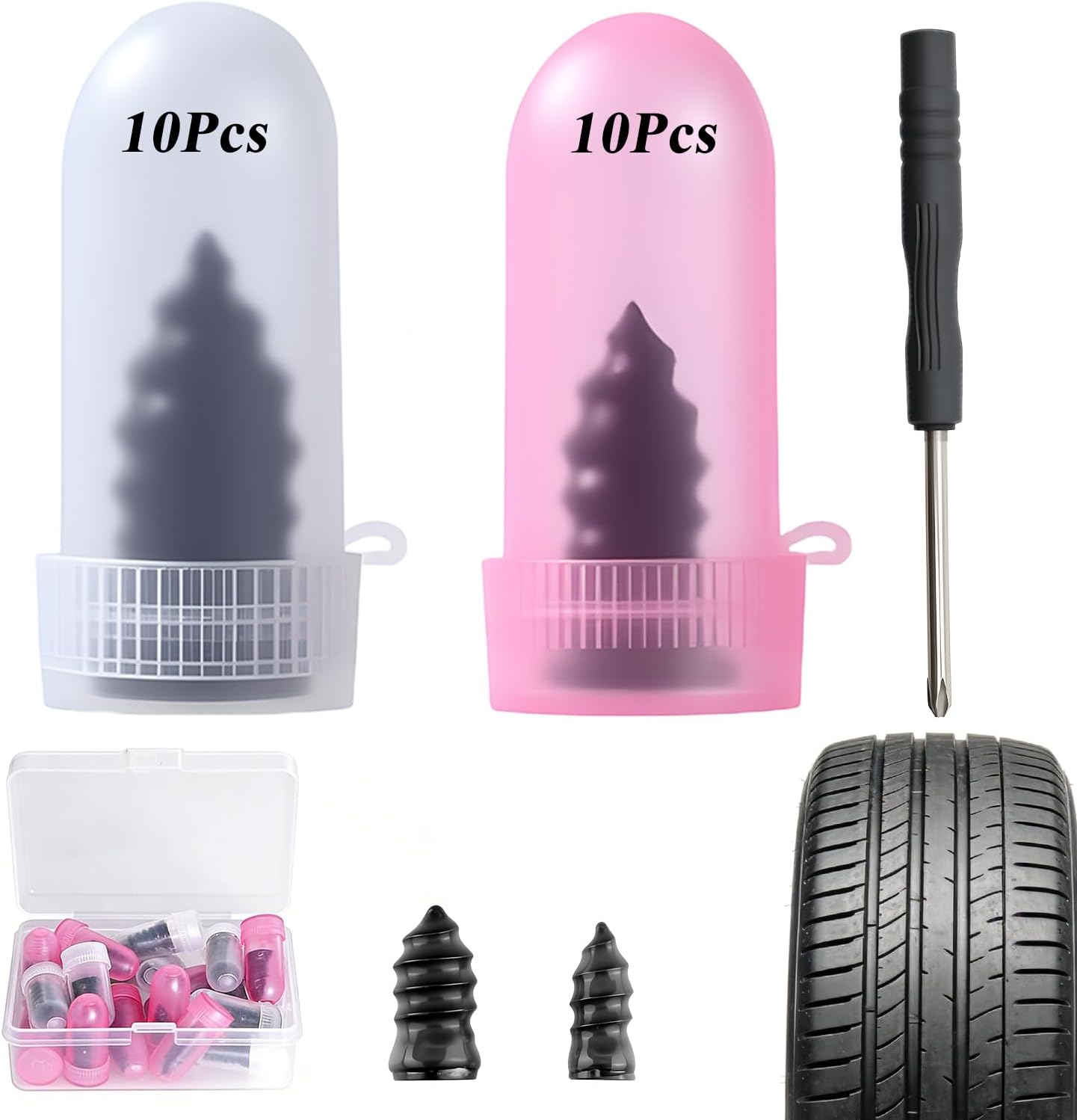 Tire Repair Rubber Nail Kit, Premium Spiral Screw-in Tire Plugs with 2 Sizes, Emergency Roadside Flat Tire Fix Tool for Car Truck Motorcycle Tractor ATV SUV - Fast Self Service Repair 20 PCS