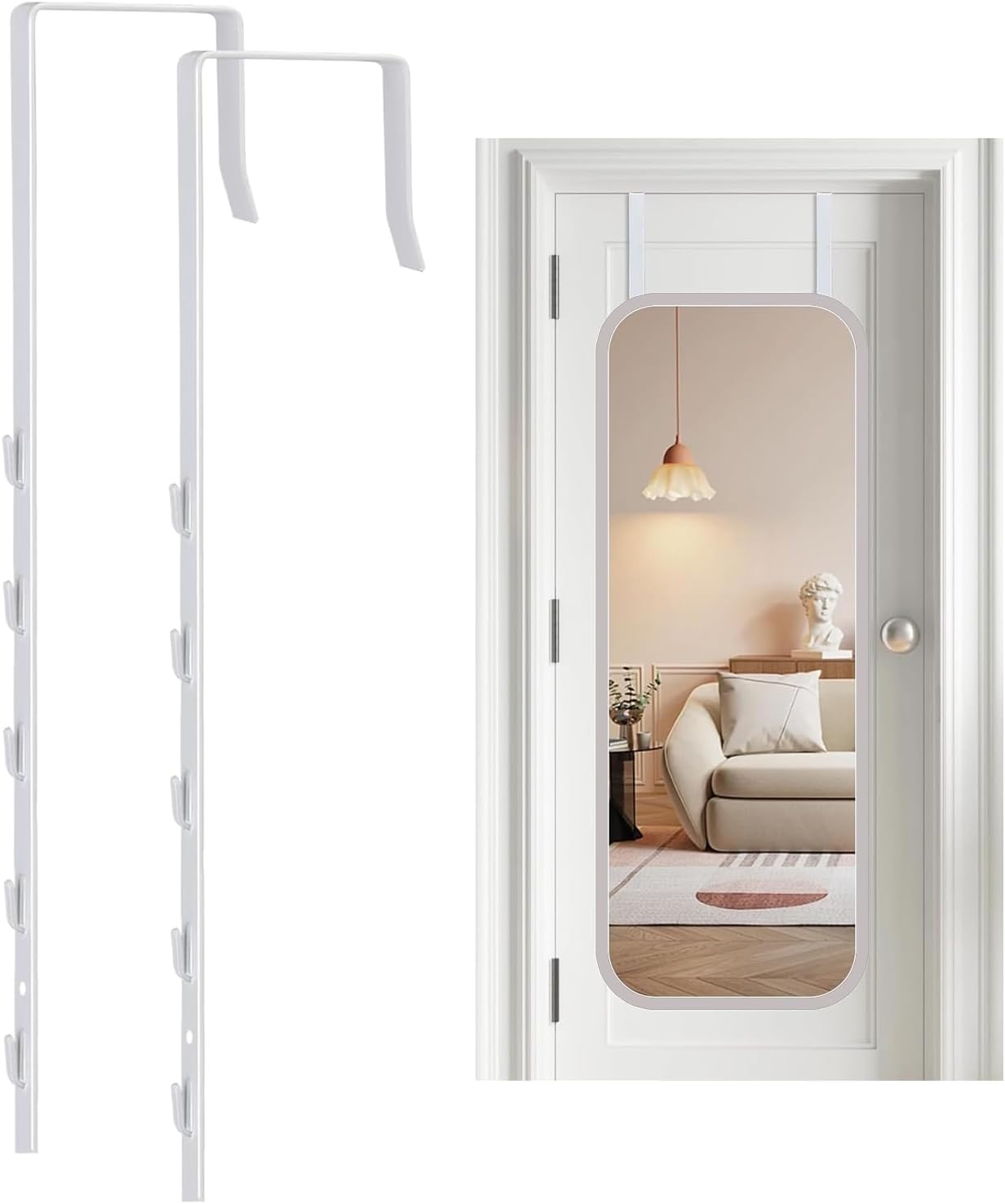 Over-The-Door Mirror Hanger, Adjustable 13.6 in Door Mirrors Hanger with Protective Lining, Prevent Scratches, 2 Pcs Mirrors Brackets Perfect Height and Fit Mirror Not Included - White